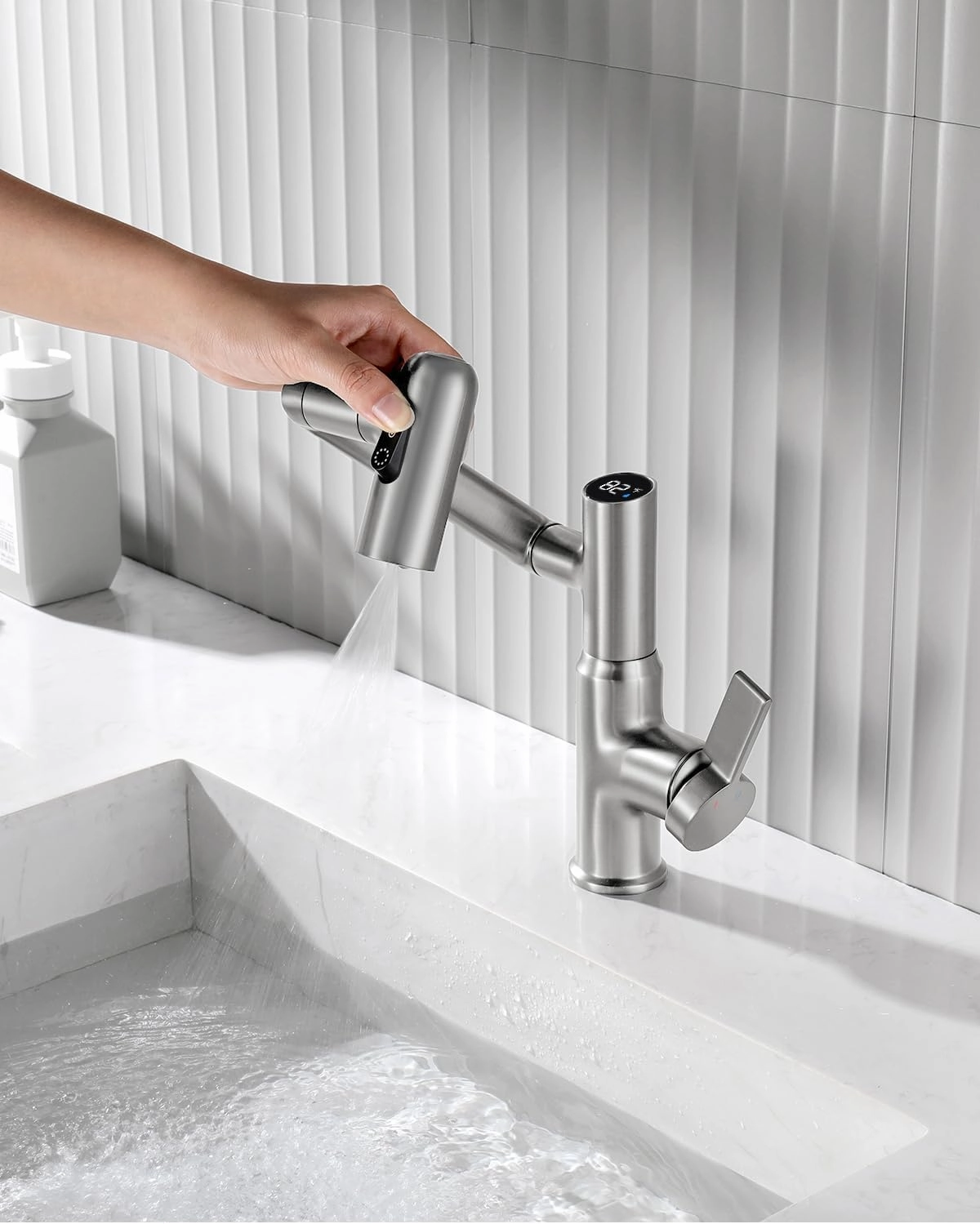 Lefton Rotatable Bathroom Faucet with Temperature Display in Fahrenheit (Batteries-Free), 3 Water Modes, Brushed Nickel, BF2204-0