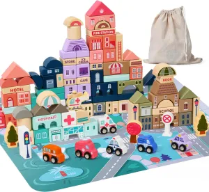 Lewo 115 PCS Wooden Building Blocks with City Map Construction Building Sets City Building Blocks Stacking Blocks Preschool Educational Learning Toys for 3 4 5 6 Years Old Kids Boys Girls Children