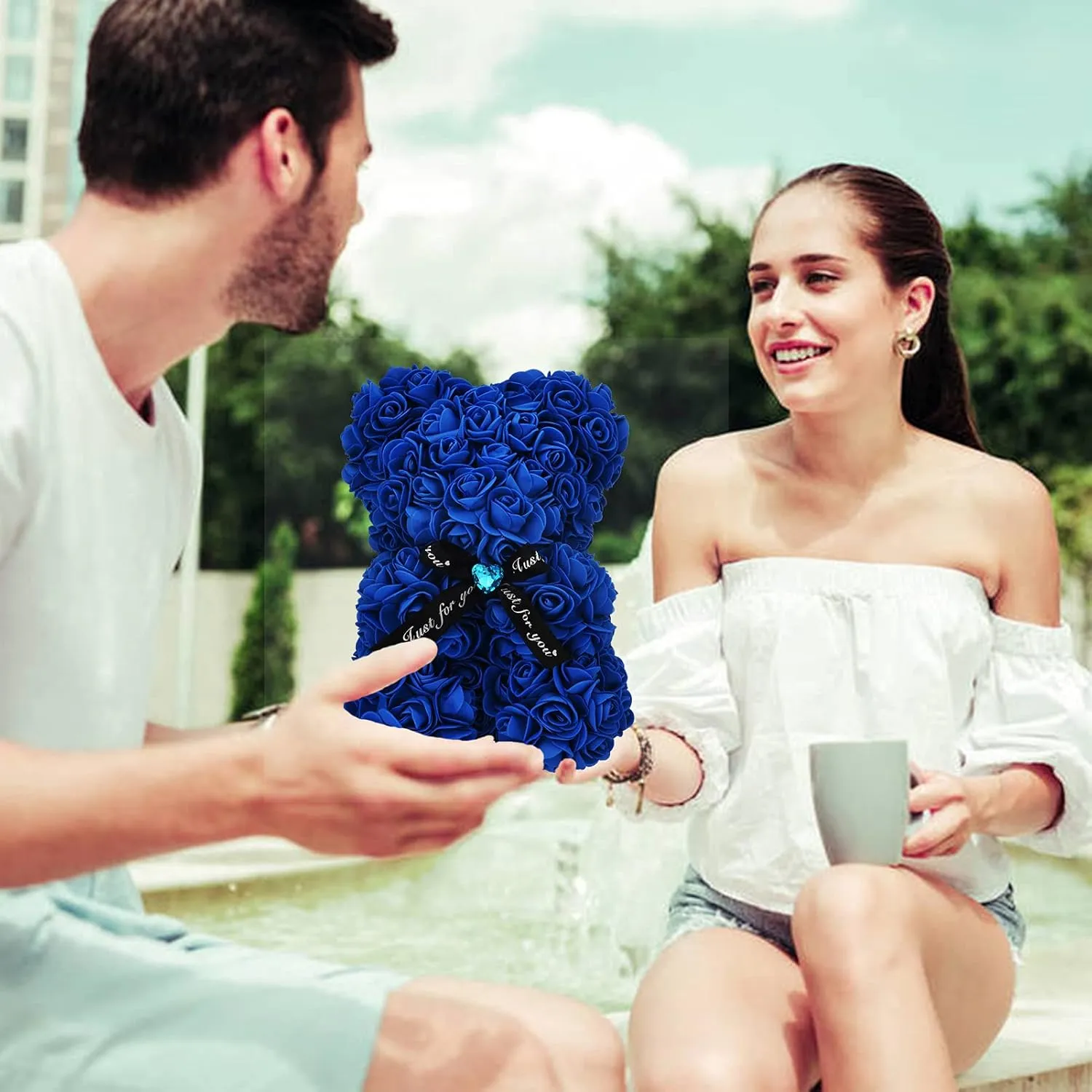 Lgv Flower Rose Bear,Romantic Gift for Valentine's Mother's Day, Christmas, Birthday,Girl Friend Her Mom Female Wife with Artificial Heart-Shaped Diamonds Sapphire Blue