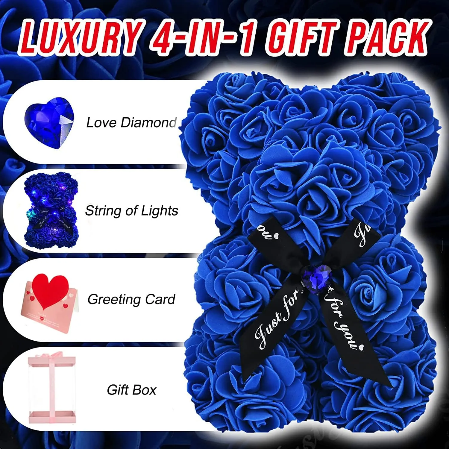 Lgv Flower Rose Bear,Romantic Gift for Valentine's Mother's Day, Christmas, Birthday,Girl Friend Her Mom Female Wife with Artificial Heart-Shaped Diamonds Sapphire Blue