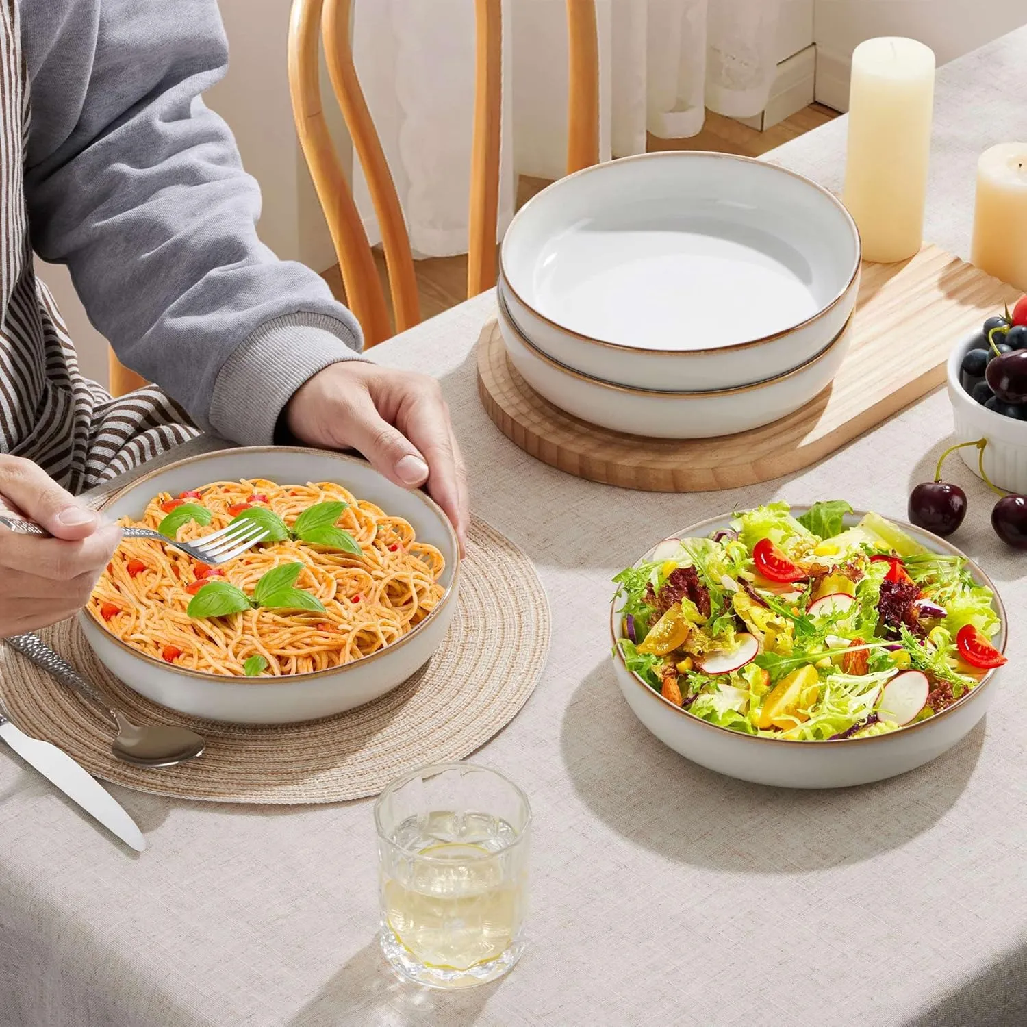 LIANYU Stoneware Pasta Bowls, 37oz Large Salad Pasta Serving Bowl Set of 4, Wide and Shallow Ceramic Plate Bowls for Serving Soup, Dinner, Microwave & Dishwasher Safe, Pearl White