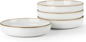 LIANYU Stoneware Pasta Bowls, 37oz Large Salad Pasta Serving Bowl Set of 4, Wide and Shallow Ceramic Plate Bowls for Serving Soup, Dinner, Microwave & Dishwasher Safe, Pearl White