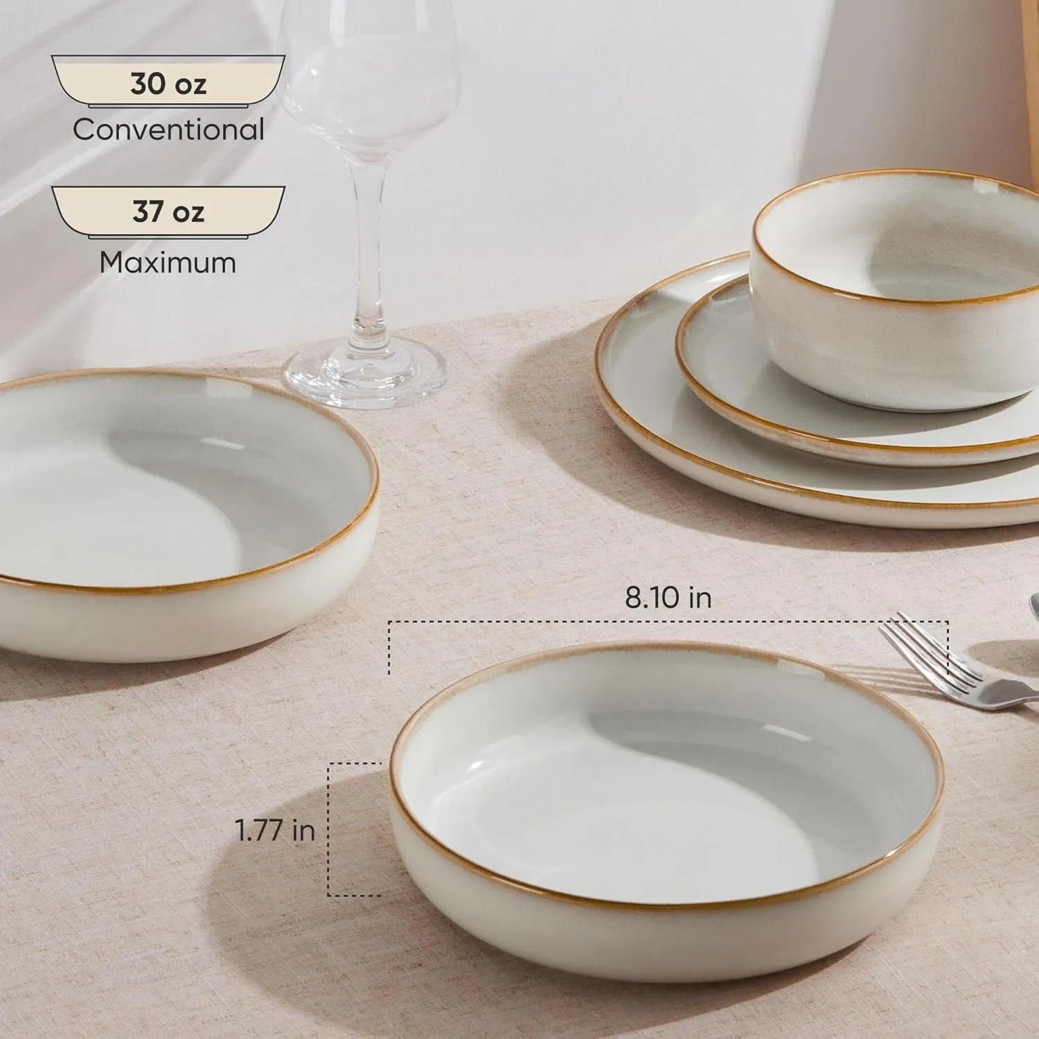 LIANYU Stoneware Pasta Bowls, 37oz Large Salad Pasta Serving Bowl Set of 4, Wide and Shallow Ceramic Plate Bowls for Serving Soup, Dinner, Microwave & Dishwasher Safe, Pearl White