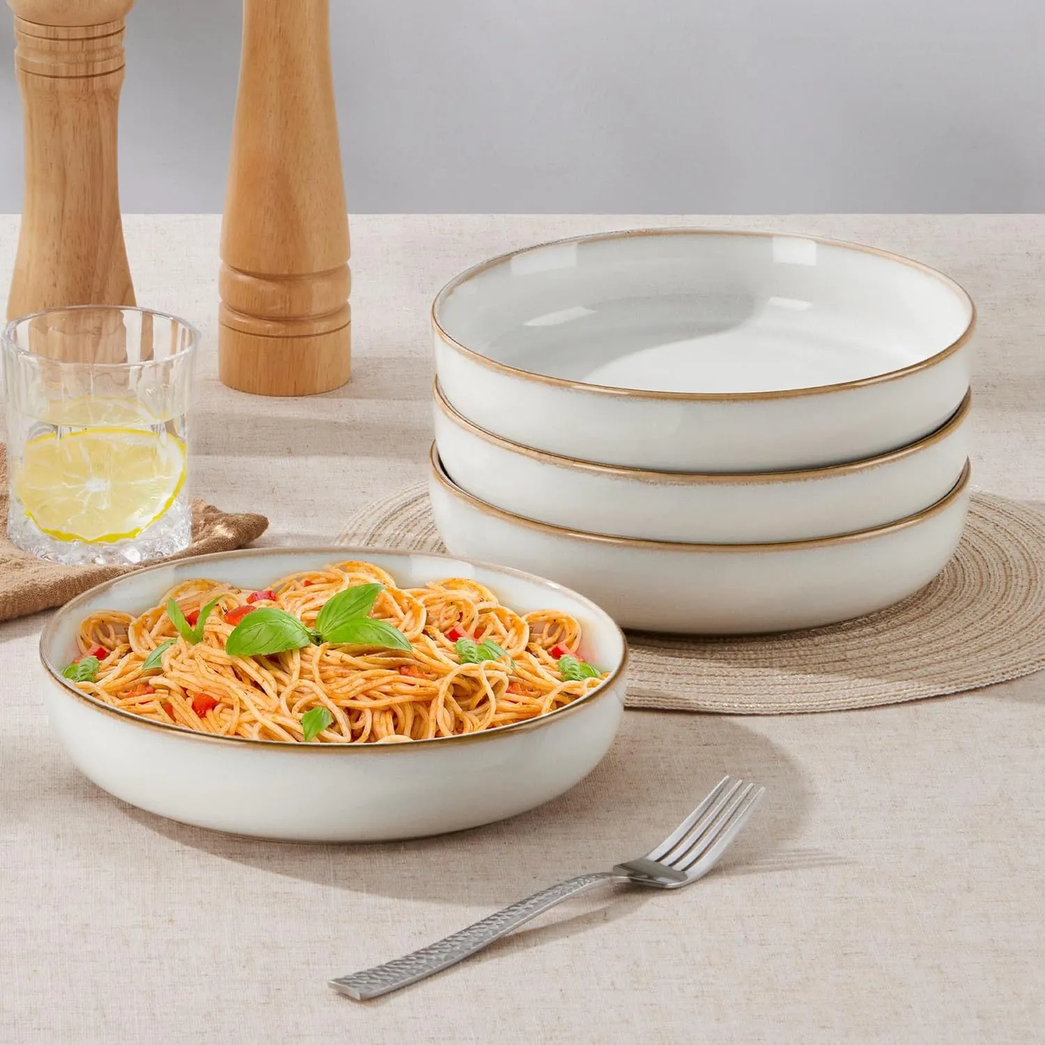 LIANYU Stoneware Pasta Bowls, 37oz Large Salad Pasta Serving Bowl Set of 4, Wide and Shallow Ceramic Plate Bowls for Serving Soup, Dinner, Microwave & Dishwasher Safe, Pearl White