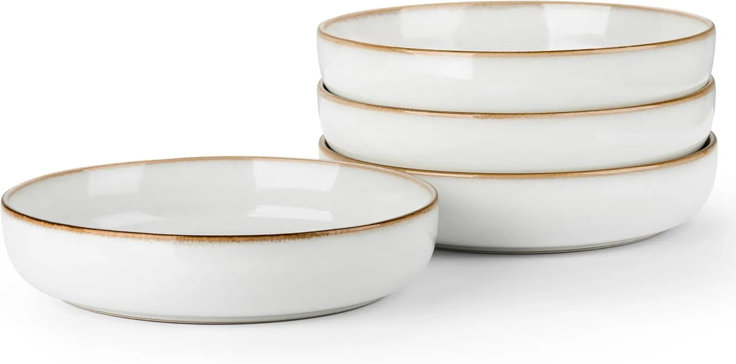 LIANYU Stoneware Pasta Bowls, 37oz Large Salad Pasta Serving Bowl Set of 4, Wide and Shallow Ceramic Plate Bowls for Serving Soup, Dinner, Microwave & Dishwasher Safe, Pearl White