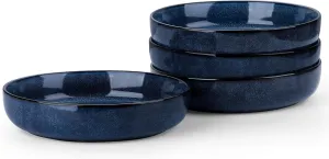 LIANYU Stoneware Pasta Bowls Set of 4, 37oz Large Salad Pasta Bowl for Home, Wide and Shallow Ceramic Plate Bowls for Serving Soup Dinner, Microwave & Dishwasher Safe, Sapphire Blue