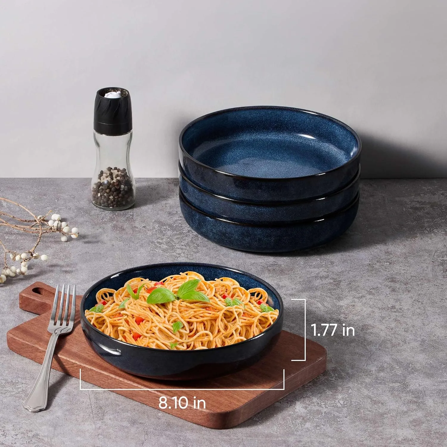 LIANYU Stoneware Pasta Bowls Set of 4, 37oz Large Salad Pasta Bowl for Home, Wide and Shallow Ceramic Plate Bowls for Serving Soup Dinner, Microwave & Dishwasher Safe, Sapphire Blue