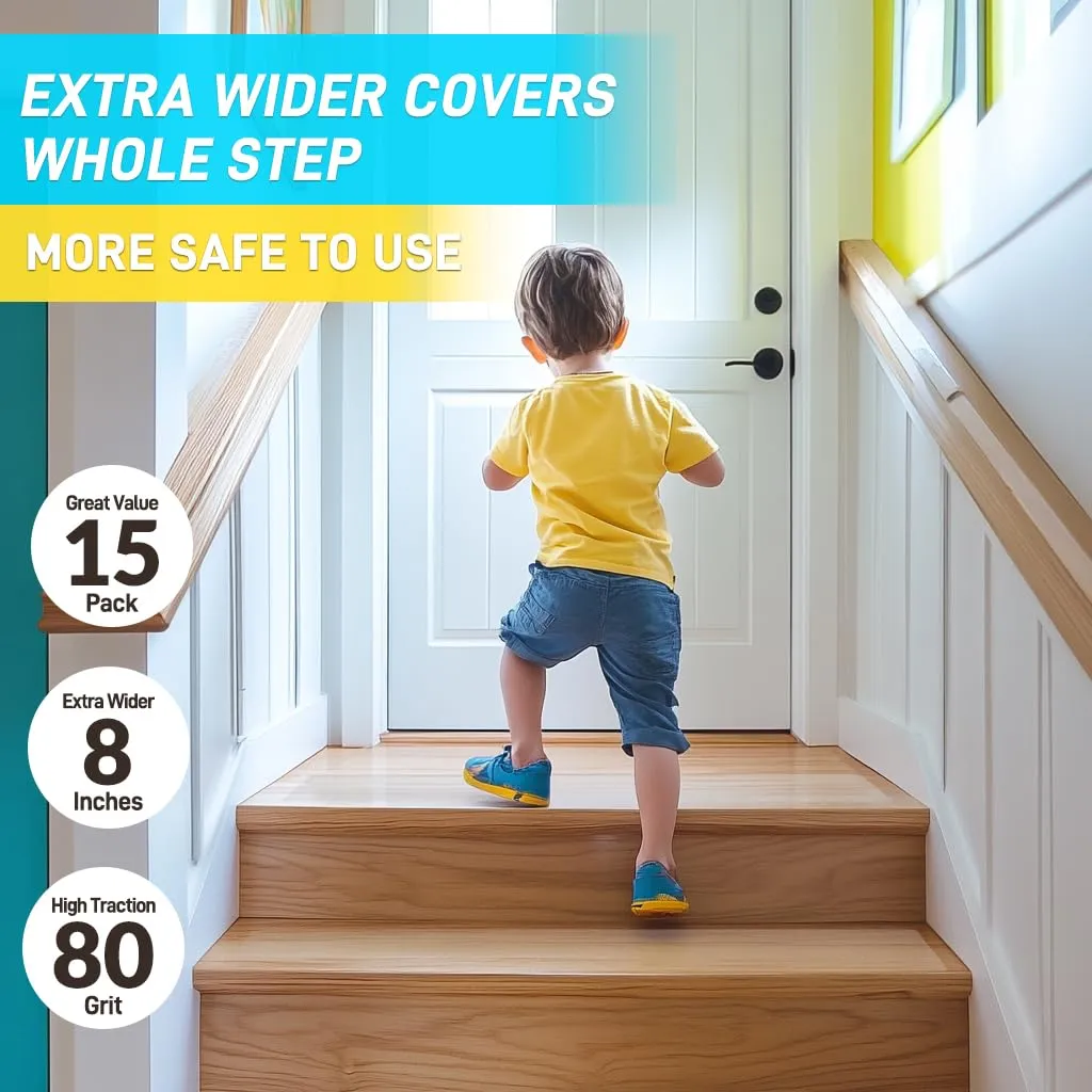 LifeGrip Stair Treads Non-Slip (15PCS), Anti Slip Transparent Stair Treads Tape for Indoor Wooden Step (8"X32"X15P-Treads)