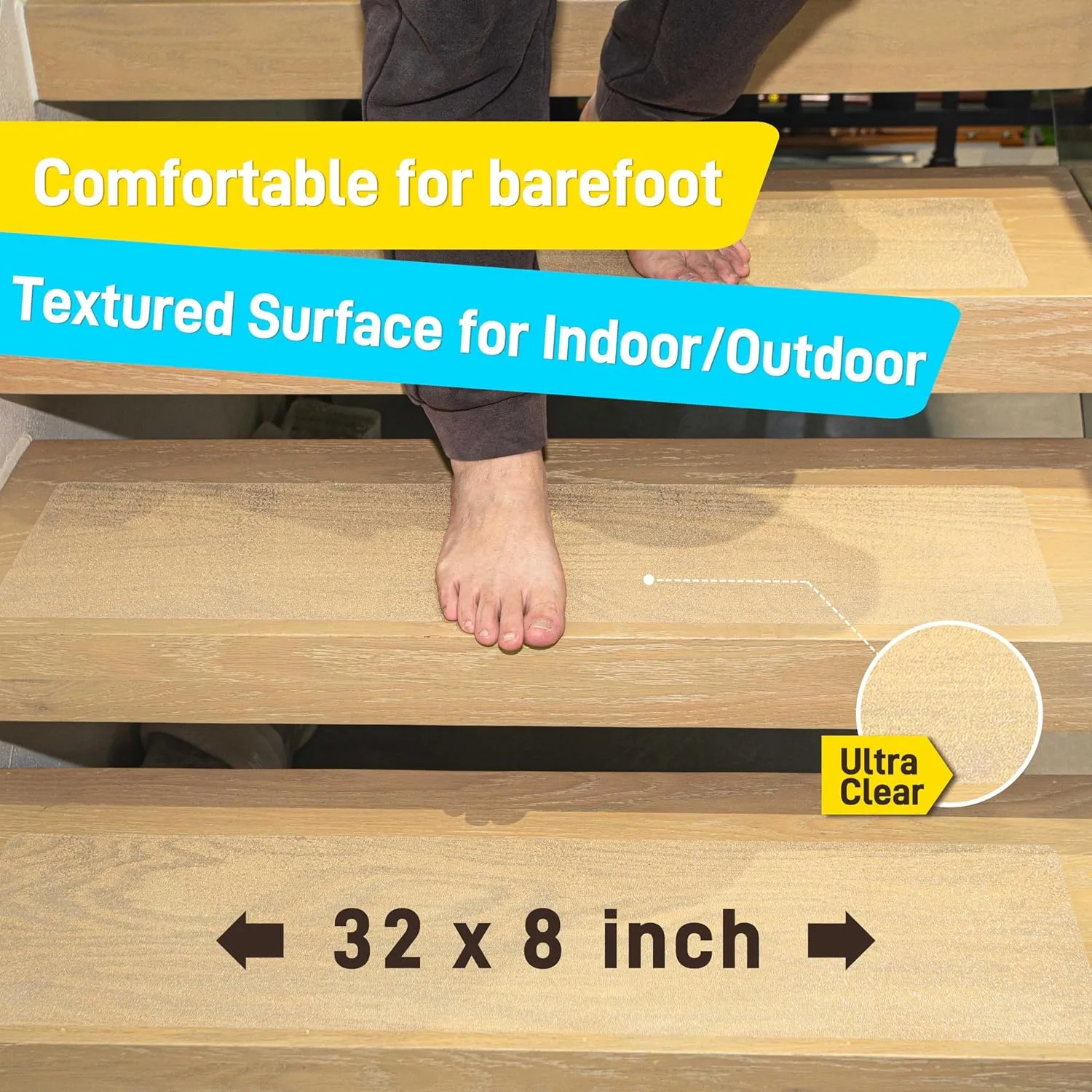 LifeGrip Stair Treads Non-Slip (15PCS), Anti Slip Transparent Stair Treads Tape for Indoor Wooden Step (8"X32"X15P-Treads)