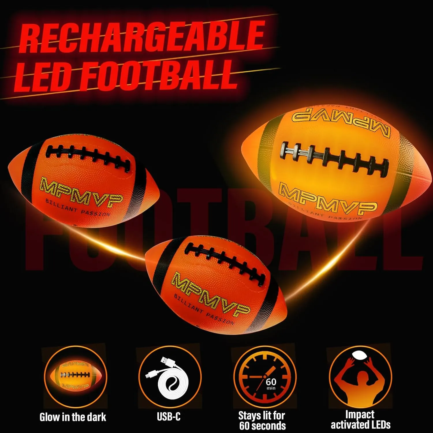 Light Up Football for Kids - Glow in The Dark Size 3 Rechargeable LED Ball for Ages 3-8 for Boys and Girls, Christmas Birthday Presents, Outdoor Games and Party