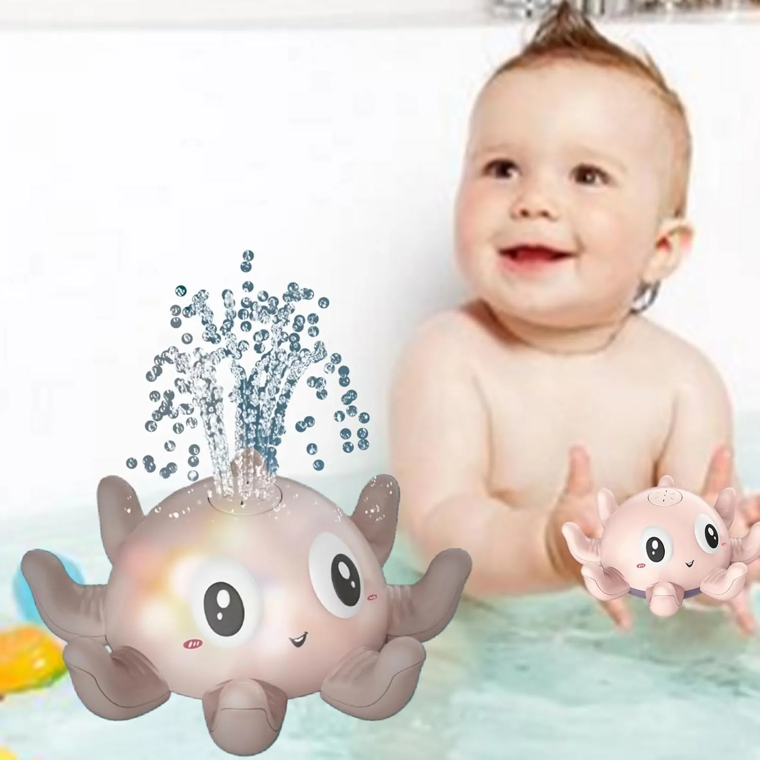 Light Up Octopus Sprinkler Baby Bath Toy with 4 Tossing Rings, Fountain Water Toy for Kid ,Bathtub Swimming Toys for Infant Baby Toddlers Newborn Boys Girls Birthday Gifts (Pink)