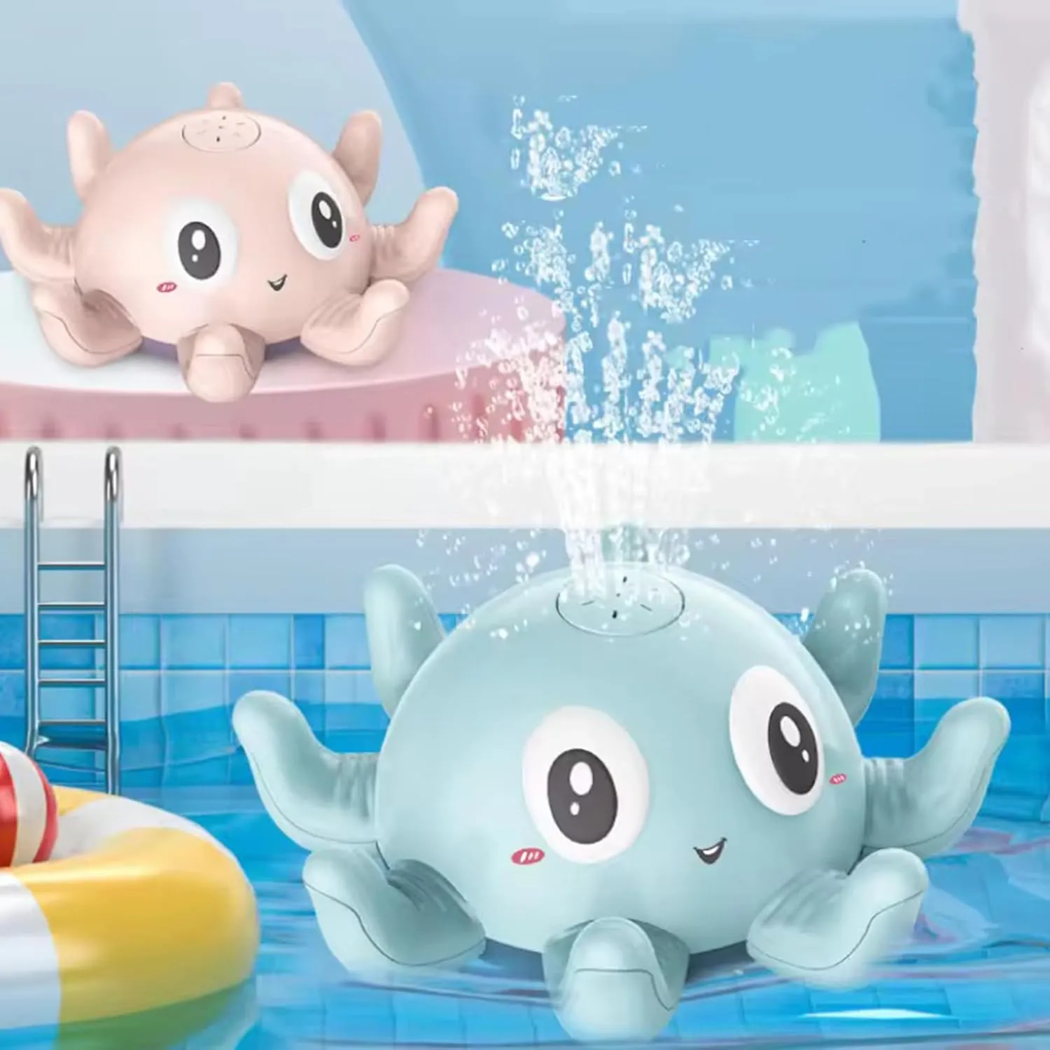 Light Up Octopus Sprinkler Baby Bath Toy with 4 Tossing Rings, Fountain Water Toy for Kid ,Bathtub Swimming Toys for Infant Baby Toddlers Newborn Boys Girls Birthday Gifts (Pink)