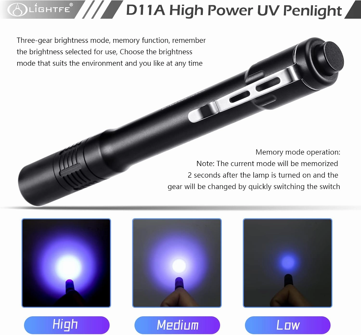 LIGHTFE Black Light D11A 395nm Ultraviolet Flashlight with high-Power Ultraviolet LED Light Source Suitable for UV Glue Curing, Rock Mineral Detection, pet Urine Detection lamp, AC Leak Detector