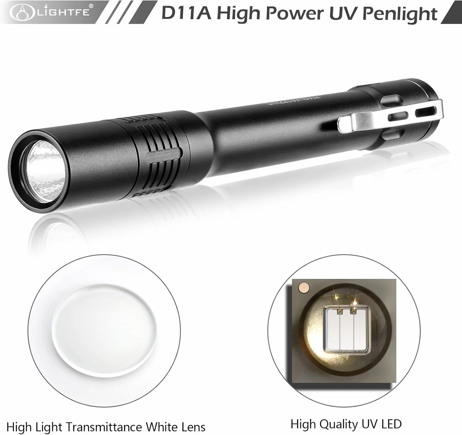 LIGHTFE Black Light D11A 395nm Ultraviolet Flashlight with high-Power Ultraviolet LED Light Source Suitable for UV Glue Curing, Rock Mineral Detection, pet Urine Detection lamp, AC Leak Detector