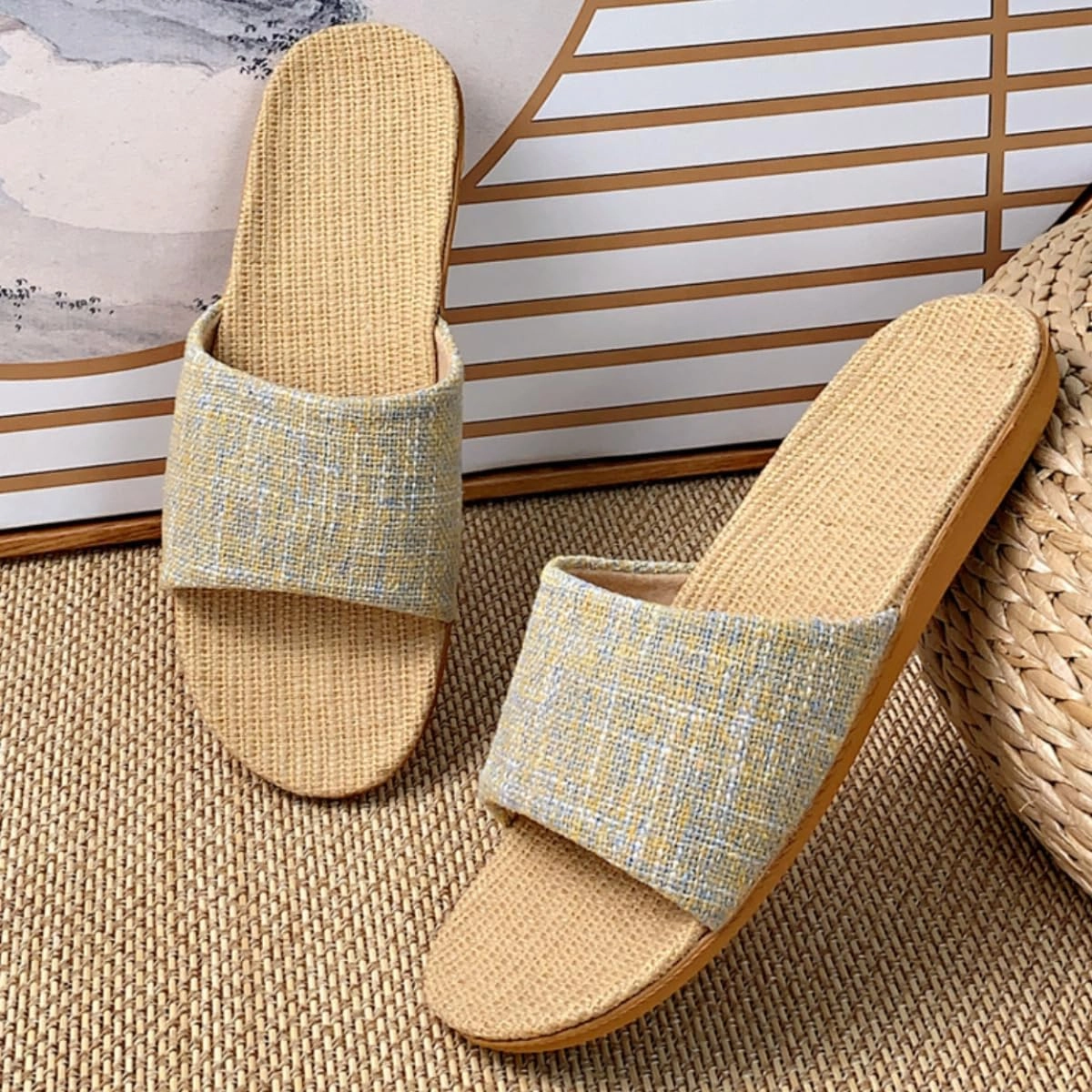 Linen Slippers for Women Men Summer Home Slippers Indoor Soft Sole Anti-Slip and Wear-Resistant Couple Slippers Open Toe Breathable House Shoes