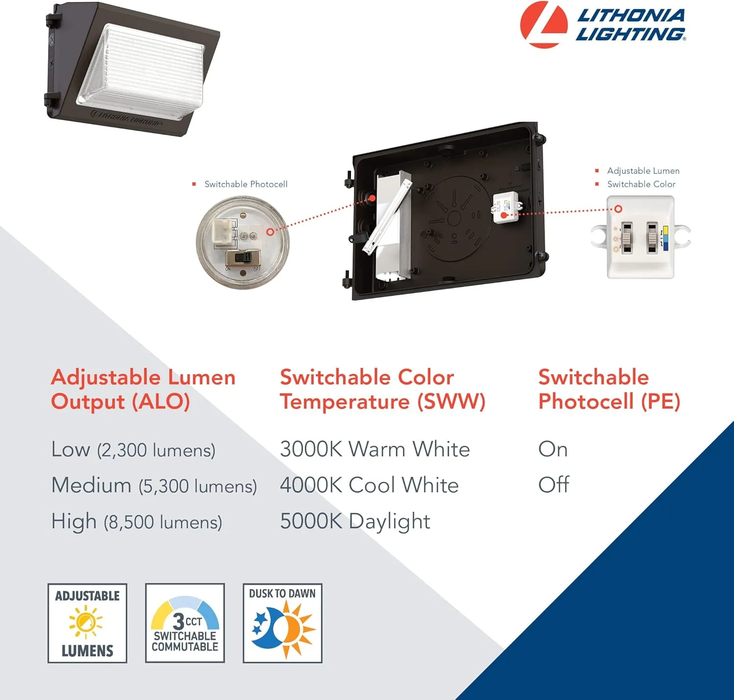 Lithonia Lighting 13" LED Wall Pack Outdoor Light Fixture, 3-Way Selectable CCT 3000K/4000K/5000K, Adjustable Lumens, Dusk to Dawn Photocell, UVOLT, Bronze (TWR1 LED ALO SWW2 UVOLT PE DDBTXD)