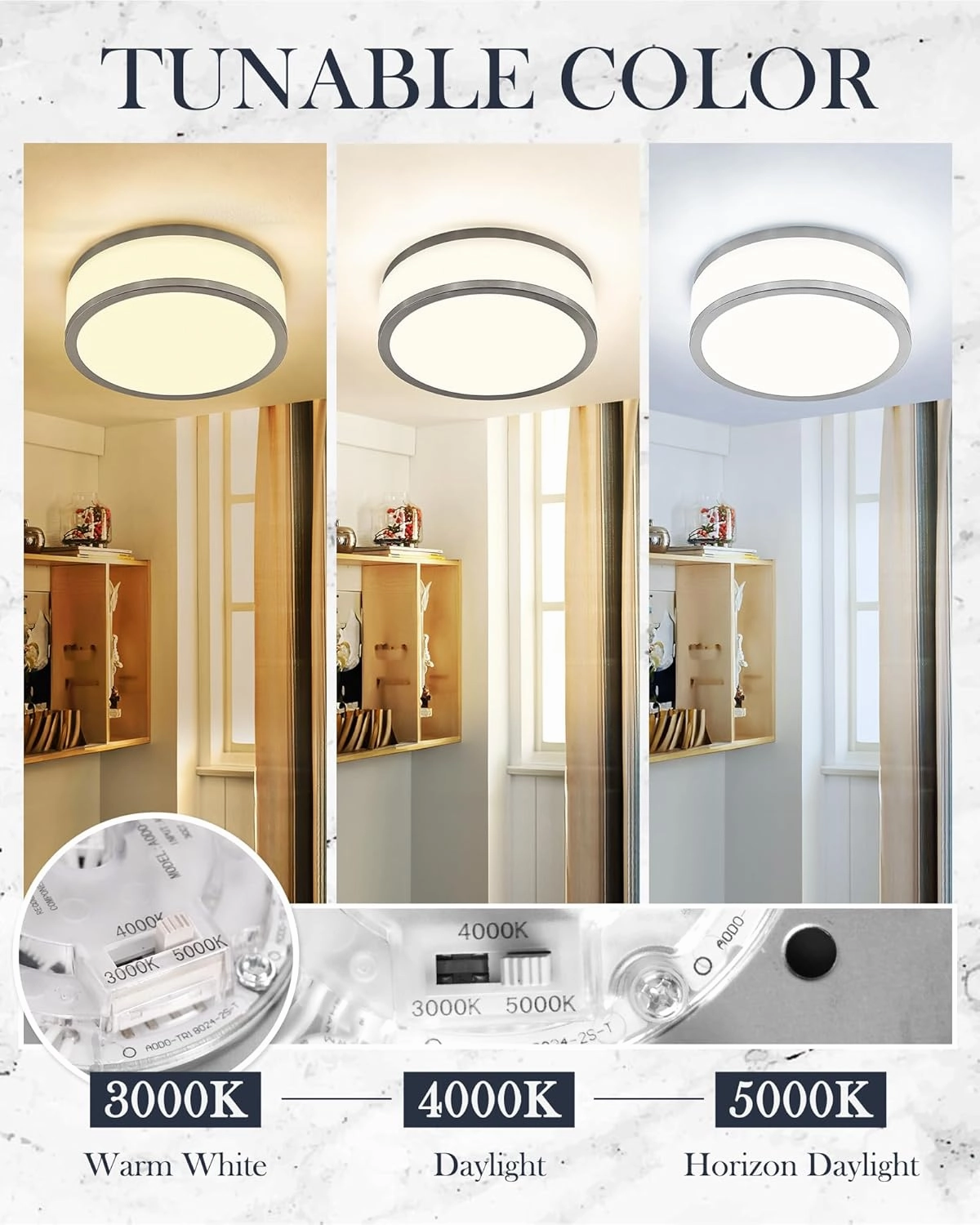 LMS 15 Inch LED Flush Mount Ceiling Light, 24W Modern Brushed Nickel Ceiling Lamp, 3CCT 3000K/4000K/5000K, Dimmable, Bathroom, Bedroom, LMS-054BN