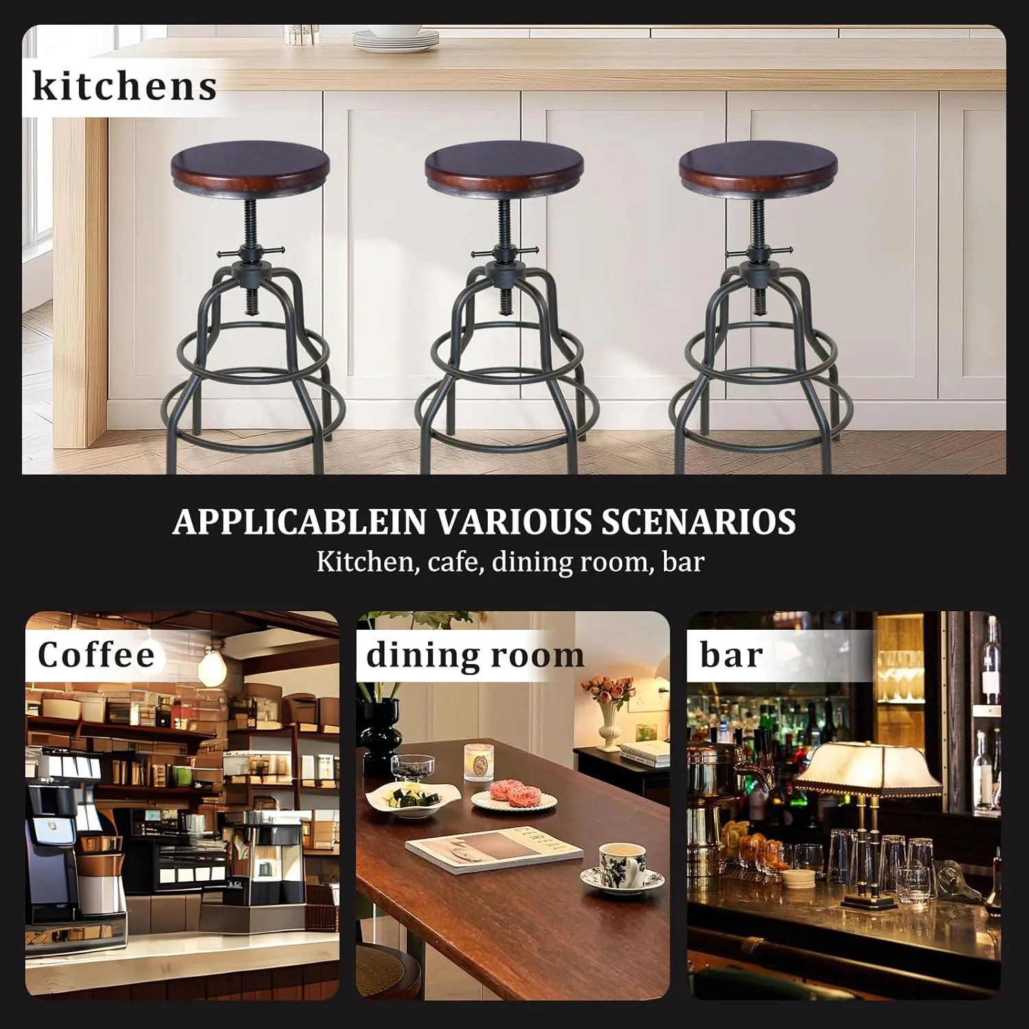 LOKKHAN Vintage Industrial Bar Stool-Rustic Swivel Bar Stool-Round Walnut Wood Metal Stool-Counter/Bar Height Adjustable Pipe Stool-Cast Steel Stool 23.62"-29.52" (Set of 2)