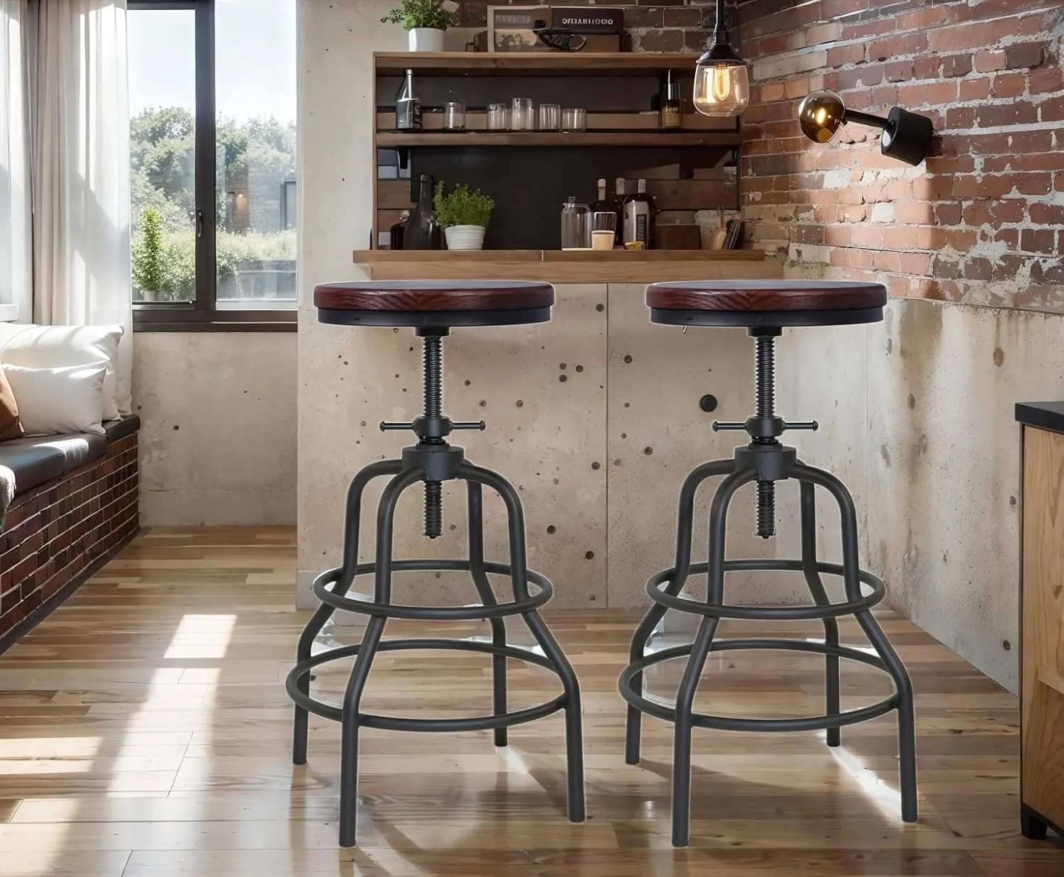 LOKKHAN Vintage Industrial Bar Stool-Rustic Swivel Bar Stool-Round Walnut Wood Metal Stool-Counter/Bar Height Adjustable Pipe Stool-Cast Steel Stool 23.62"-29.52" (Set of 2)