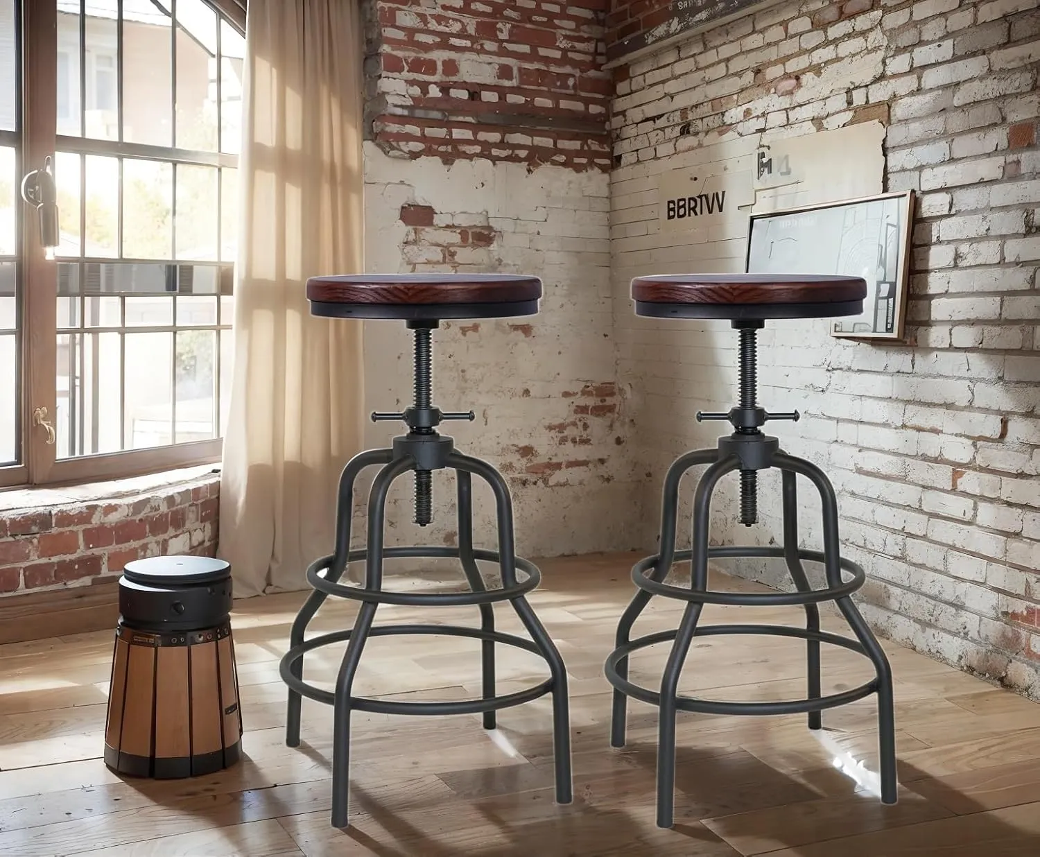 LOKKHAN Vintage Industrial Bar Stool-Rustic Swivel Bar Stool-Round Walnut Wood Metal Stool-Counter/Bar Height Adjustable Pipe Stool-Cast Steel Stool 23.62"-29.52" (Set of 2)