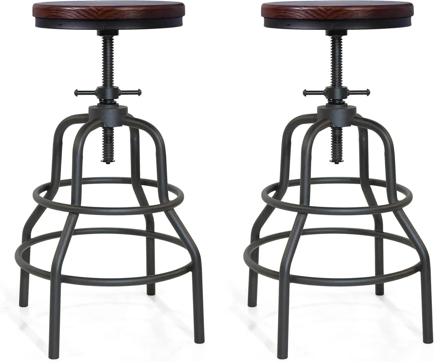LOKKHAN Vintage Industrial Bar Stool-Rustic Swivel Bar Stool-Round Walnut Wood Metal Stool-Counter/Bar Height Adjustable Pipe Stool-Cast Steel Stool 23.62"-29.52" (Set of 2)