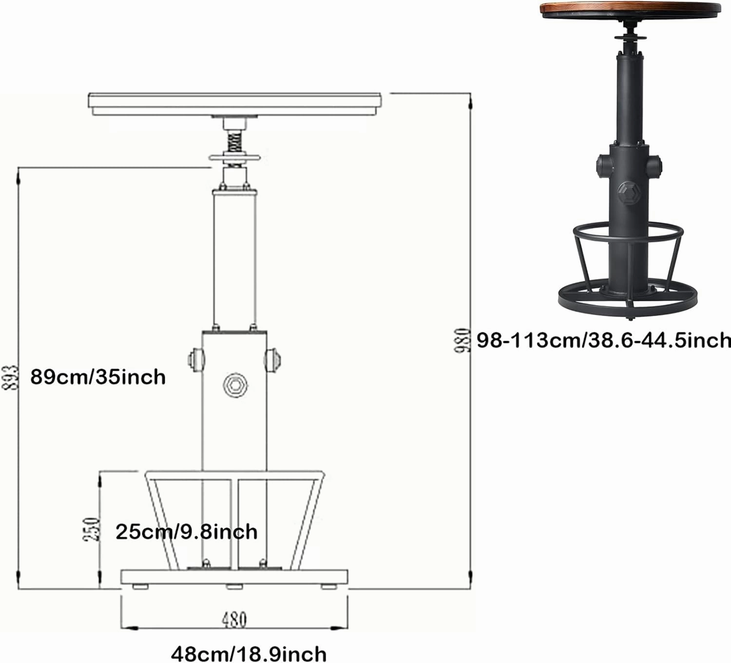 LOKKHAN Industrial Bar Table 38.6"-48.4" Height Adjustable Swivel Round Wood Tabletop 23.7" Dia, Kitchen Dining Office Coffee Bistro Pub Table