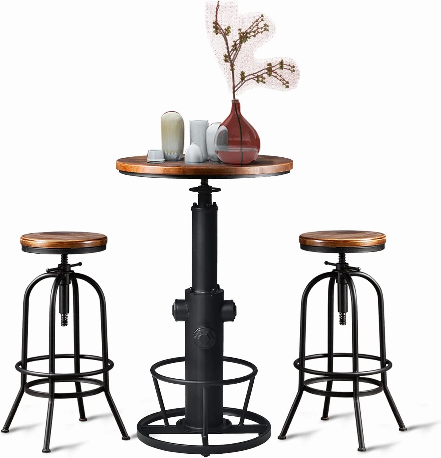 LOKKHAN Industrial Bar Table 38.6"-48.4" Height Adjustable Swivel Round Wood Tabletop 23.7" Dia, Kitchen Dining Office Coffee Bistro Pub Table