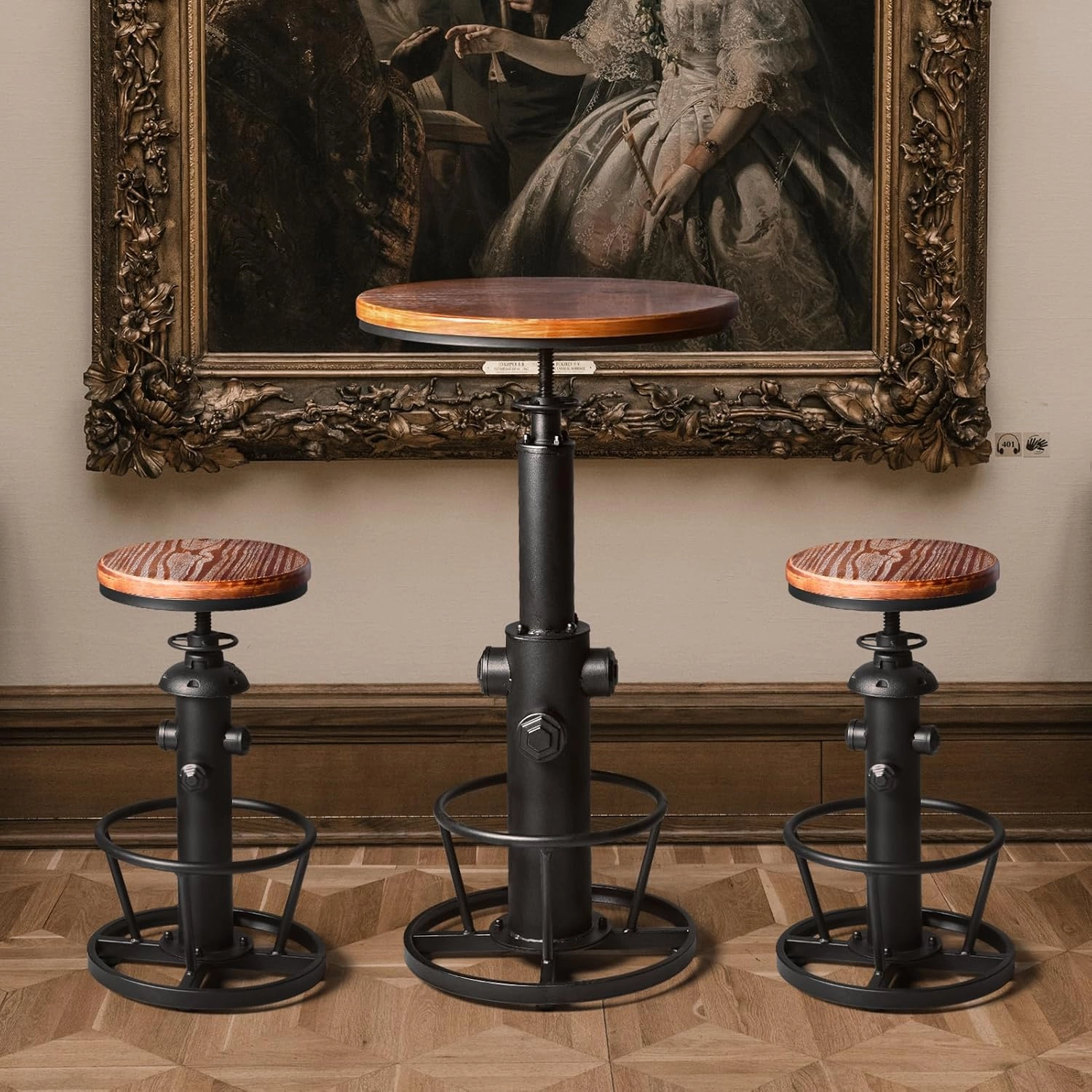 LOKKHAN Industrial Bar Table 38.6"-48.4" Height Adjustable Swivel Round Wood Tabletop 23.7" Dia, Kitchen Dining Office Coffee Bistro Pub Table