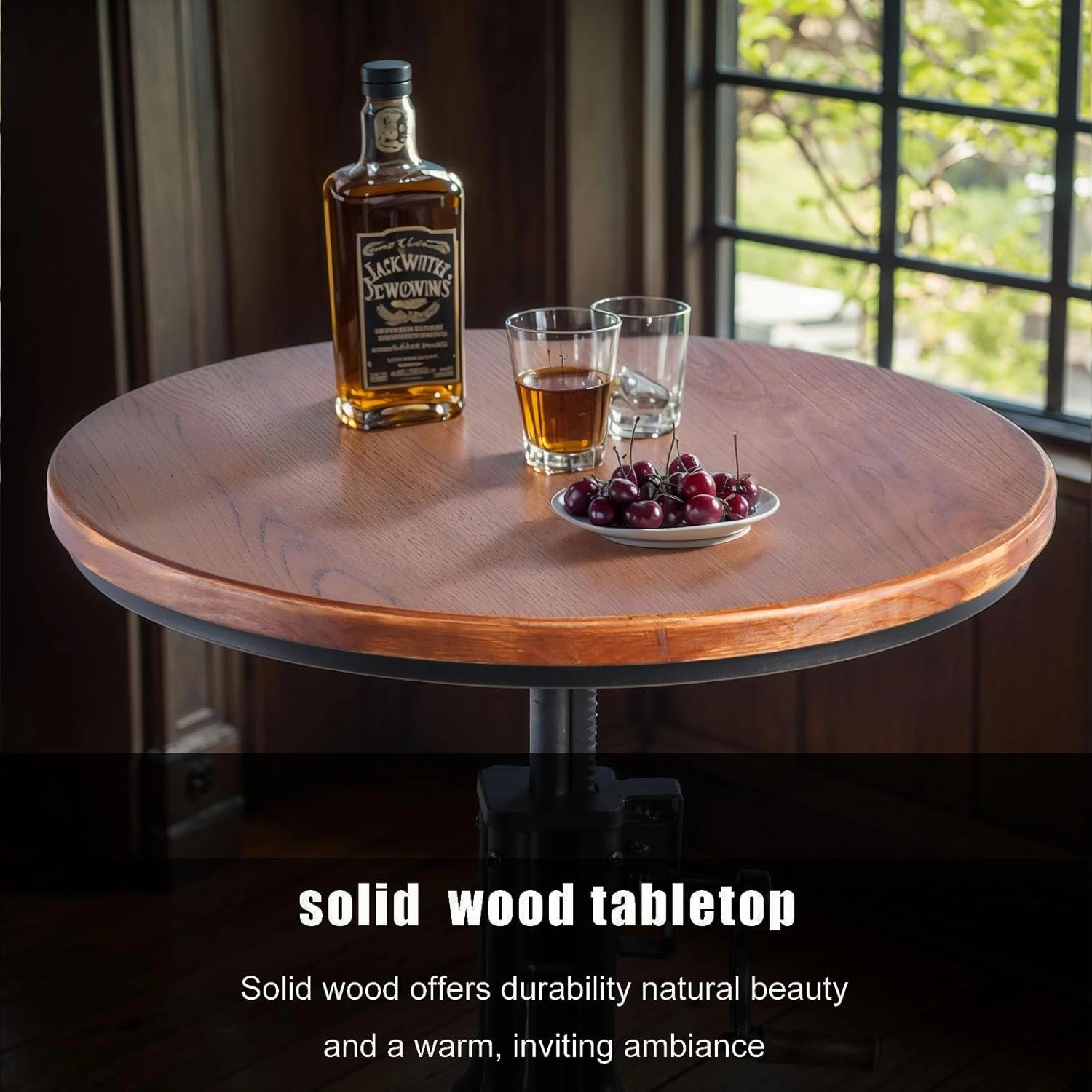 LOKKHAN Industrial Bar Table 38.6"-48.4" Height Adjustable Swivel Round Wood Tabletop 23.7" Dia, Kitchen Dining Office Coffee Bistro Pub Table