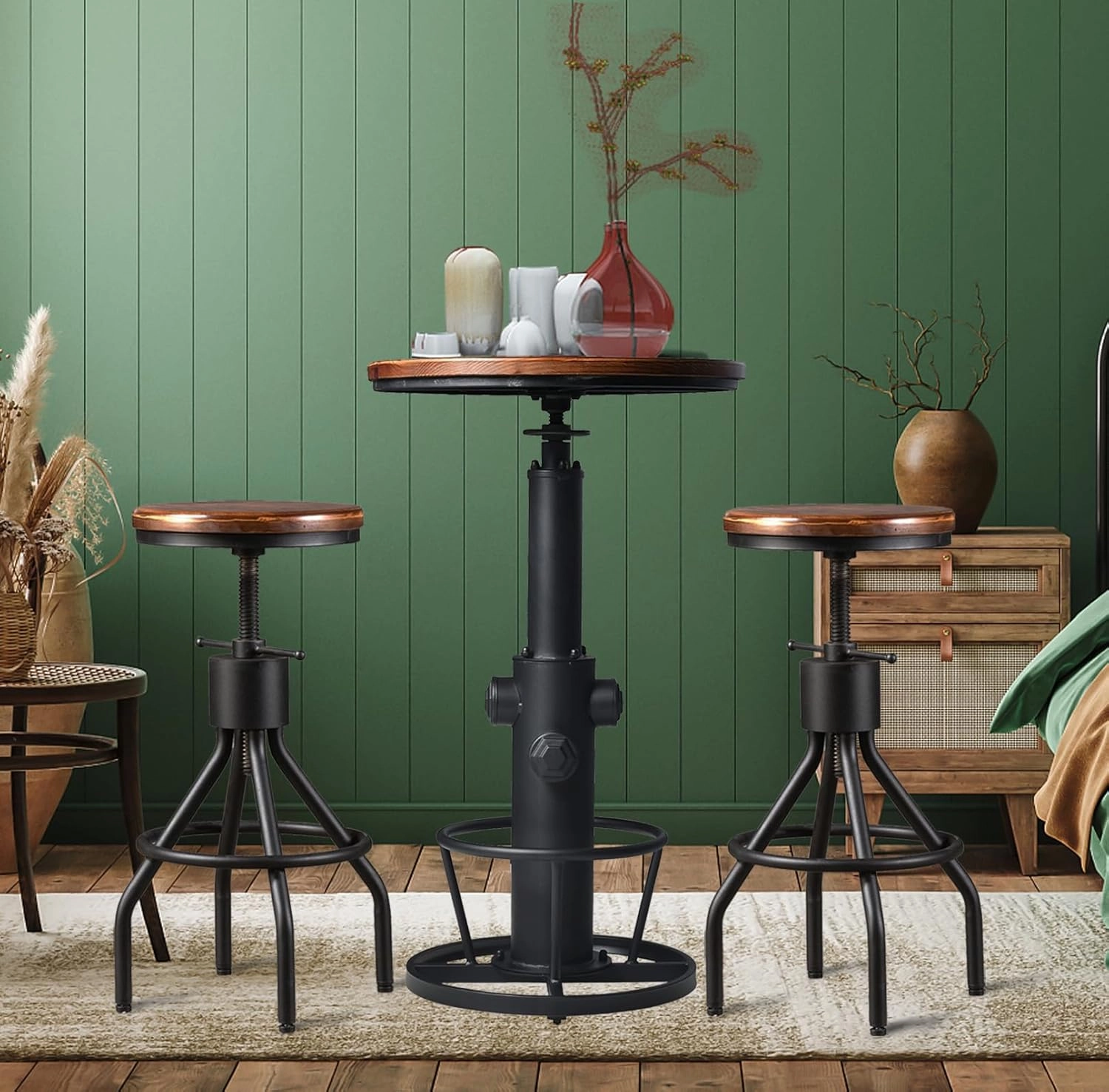 LOKKHAN Industrial Bar Table 38.6"-48.4" Height Adjustable Swivel Round Wood Tabletop 23.7" Dia, Kitchen Dining Office Coffee Bistro Pub Table
