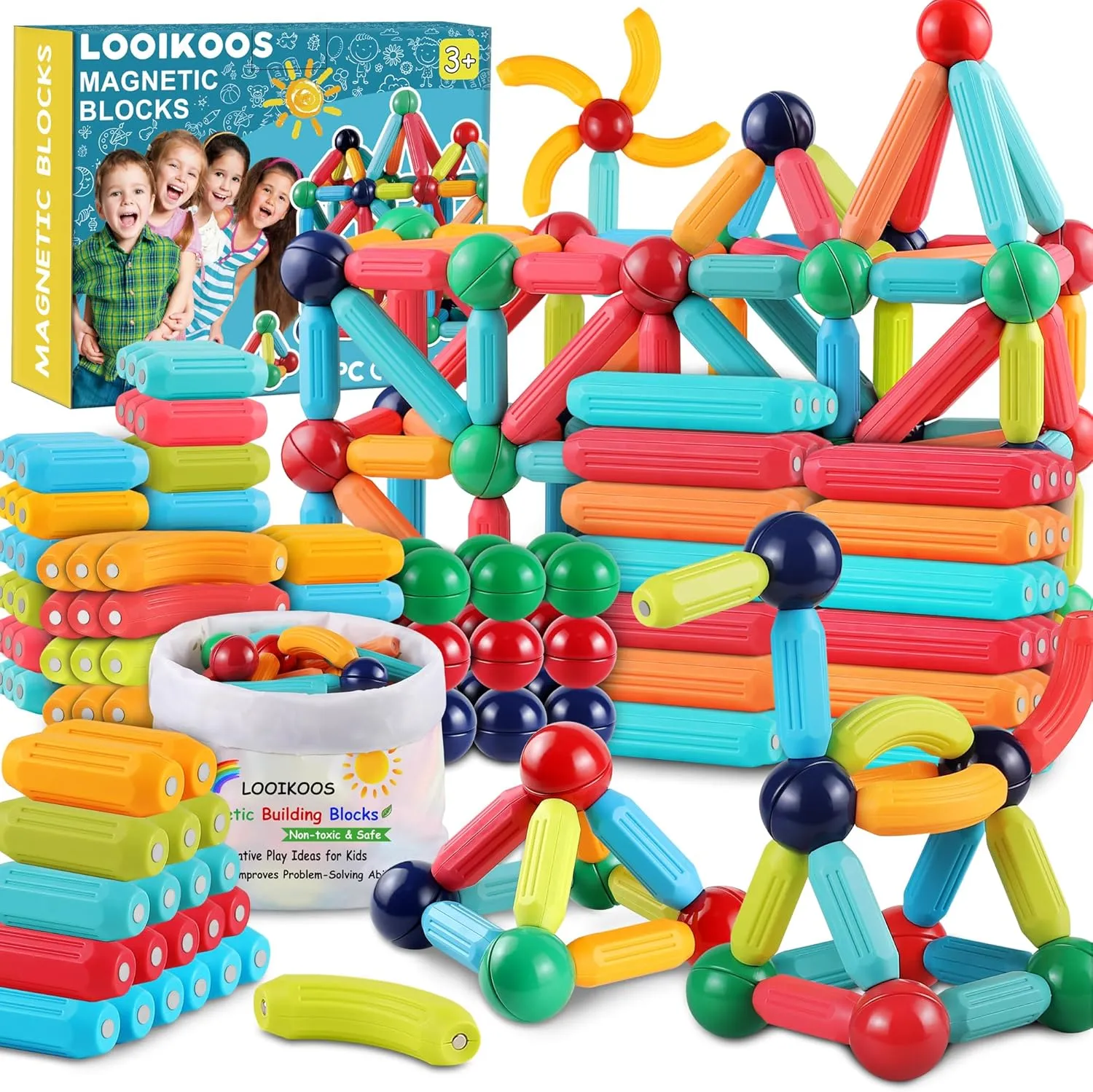LOOIKOOS 112 PCS Magnetic Building Toys for Toddlers 3  Year Old,Magnet Toy for Kids Montessori Toys for 3 4 5 Year STEM Magnetic Blocks Building DIY Learning Educational Toy for Girls Boys Gift