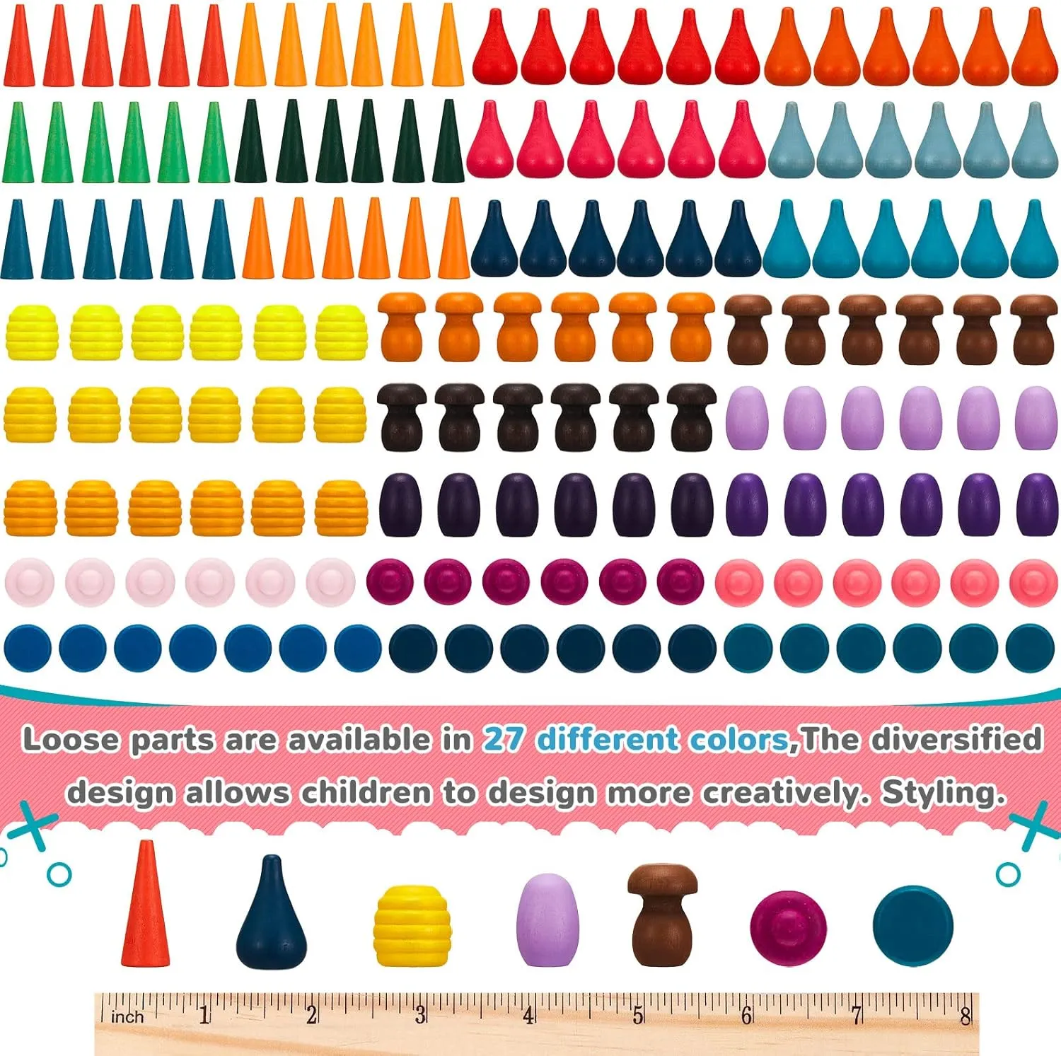 Loose Parts Play Materials Set Wooden Mandala Toys Kit Wood Sensory Play Toys 27 Rainbow Color 7 Shapes Loose Parts for Teens Students Early Learning Materials (162)