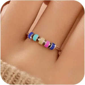 LOVECOM 925 Sterling Silver Fidget Anxiety Ring With Colorful Enamel Beads for Women Stress Relief Spinner Ring Anti Anxiety Rotate Stacking Funny Ring Jewelry Birthday Gifts for Mom Daughter