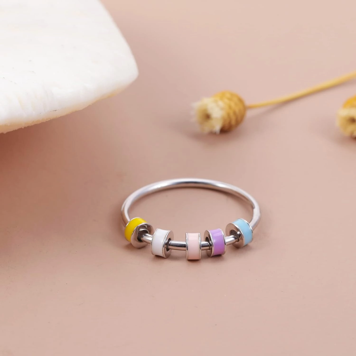 LOVECOM 925 Sterling Silver Fidget Anxiety Ring With Colorful Enamel Beads for Women Stress Relief Spinner Ring Anti Anxiety Rotate Stacking Funny Ring Jewelry Birthday Gifts for Mom Daughter