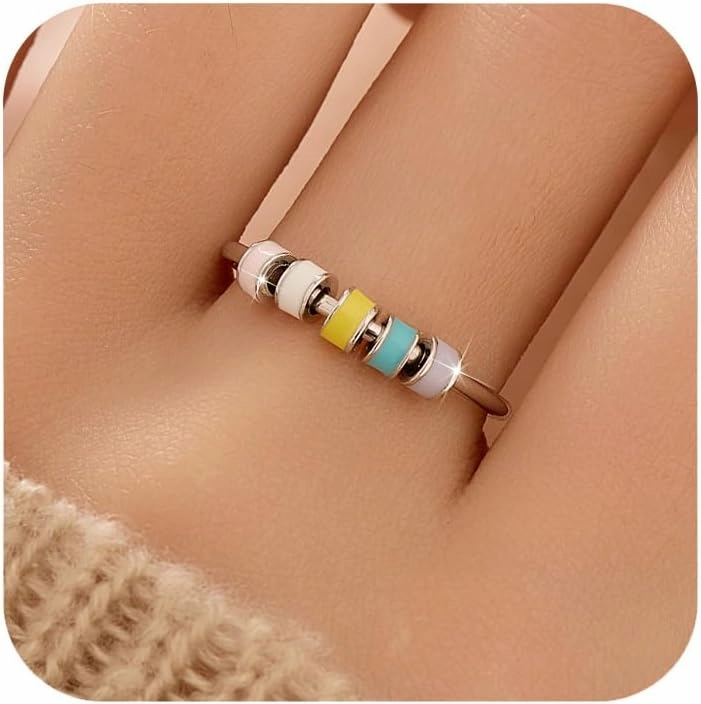 LOVECOM 925 Sterling Silver Fidget Anxiety Ring With Colorful Enamel Beads for Women Stress Relief Spinner Ring Anti Anxiety Rotate Stacking Funny Ring Jewelry Birthday Gifts for Mom Daughter