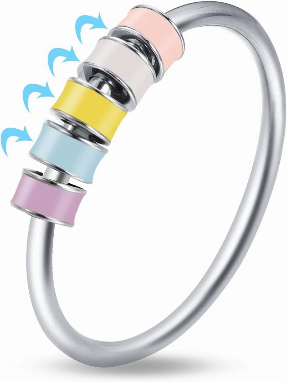 LOVECOM 925 Sterling Silver Fidget Anxiety Ring With Colorful Enamel Beads for Women Stress Relief Spinner Ring Anti Anxiety Rotate Stacking Funny Ring Jewelry Birthday Gifts for Mom Daughter