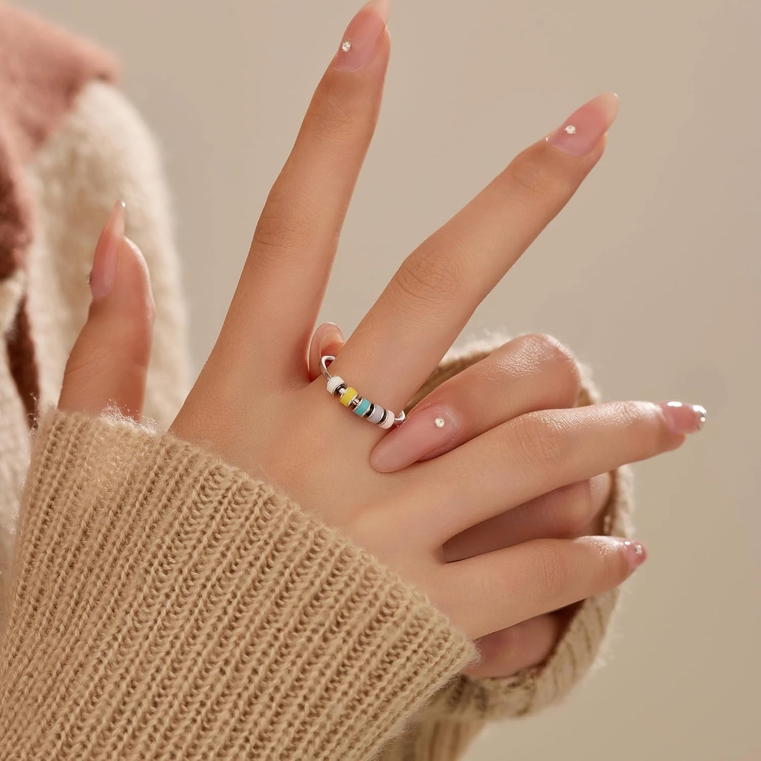 LOVECOM 925 Sterling Silver Fidget Anxiety Ring With Colorful Enamel Beads for Women Stress Relief Spinner Ring Anti Anxiety Rotate Stacking Funny Ring Jewelry Birthday Gifts for Mom Daughter