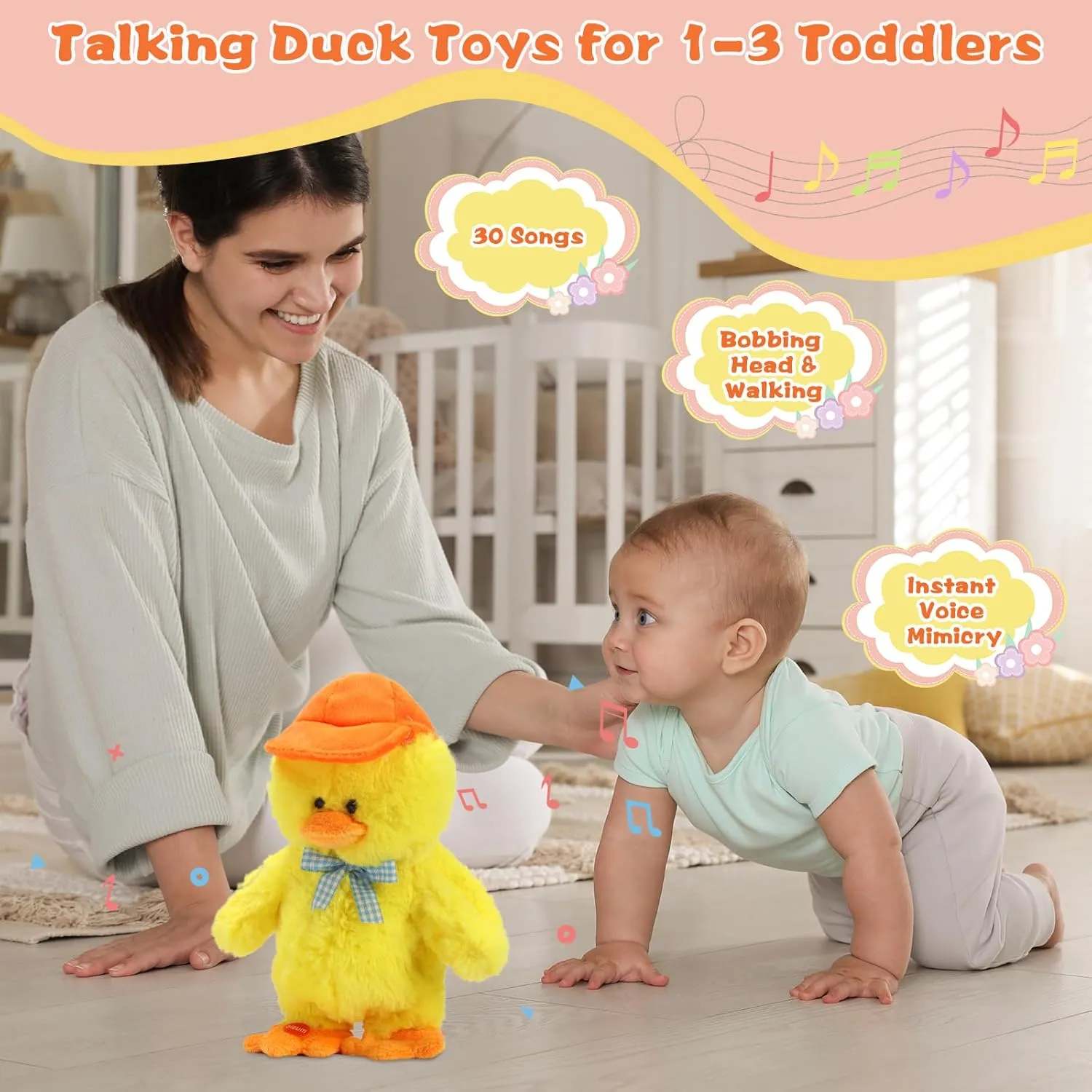 LUKETURE Talking Singing Duck Toy, Infant Dancing Crawling Musical Toy, Mimicking Repeats What You Say, Walking Duck Stuffed Animal Plush Gifts for Toddlers 1-3