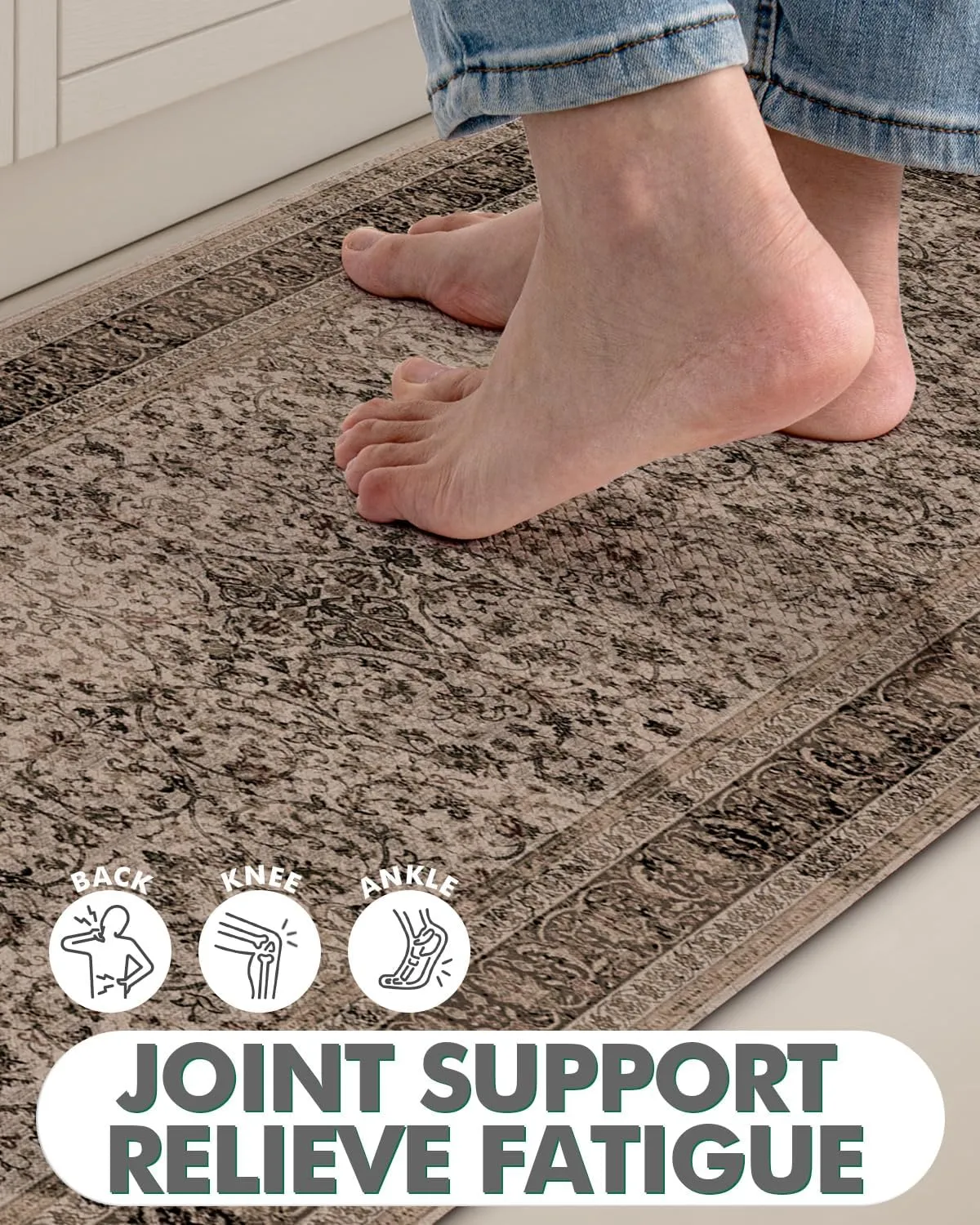 LUMI 2025 Upgraded Anti-Fatigue Cushioned Kitchen Mat for Floor, Non-Slip Padded Runners for Standing, Comfort PVC Rugs for Desk Office, Sink, Laundr, 24"x87", Khaki
