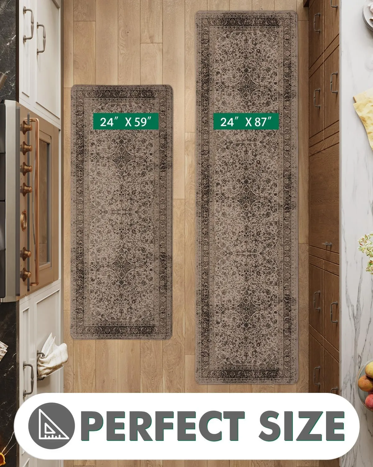 LUMI 2025 Upgraded Anti-Fatigue Cushioned Kitchen Mat for Floor, Non-Slip Padded Runners for Standing, Comfort PVC Rugs for Desk Office, Sink, Laundr, 24"x87", Khaki