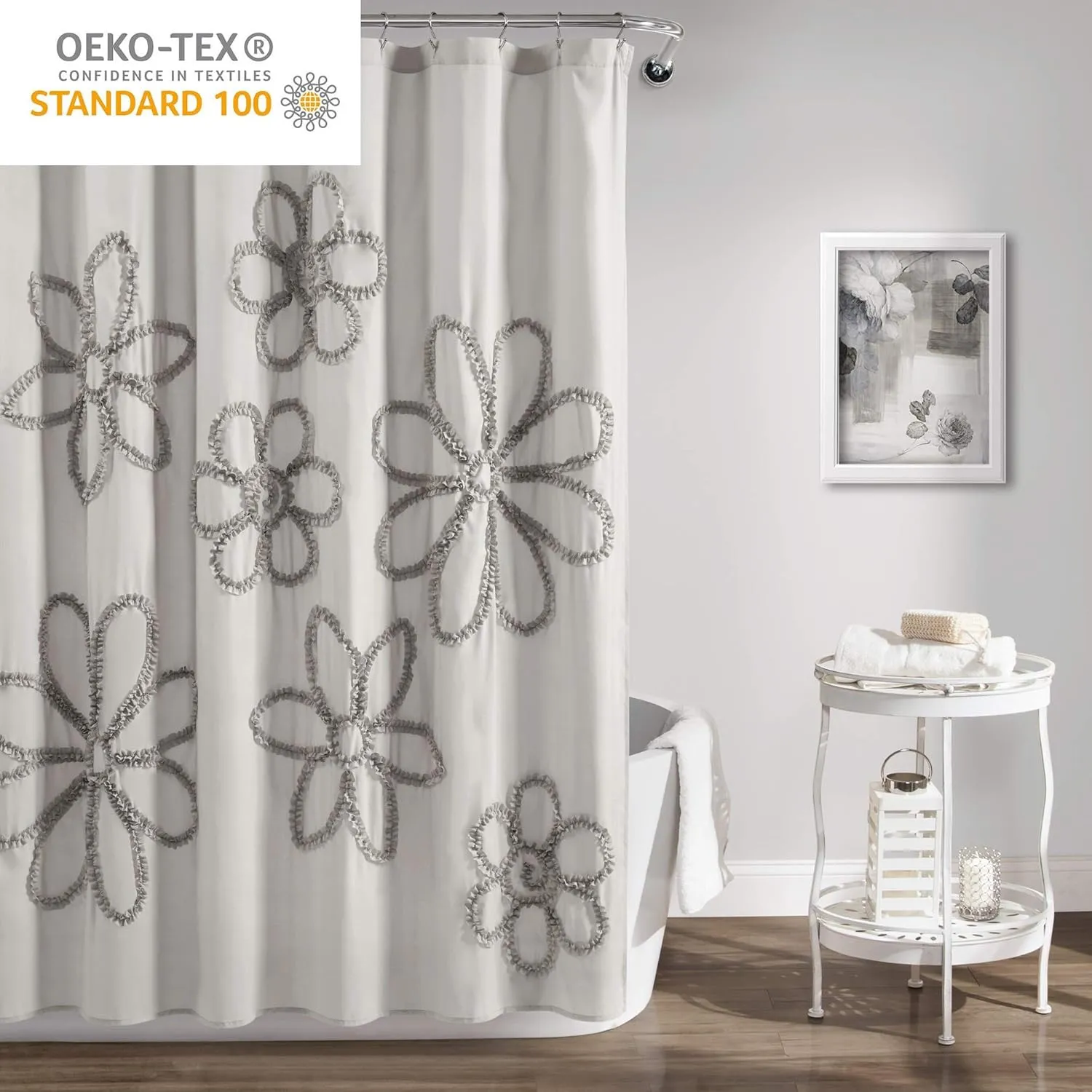 Lush Decor Light-Gray Ruffle Flower Polyester Shower Curtain (72" x 72")