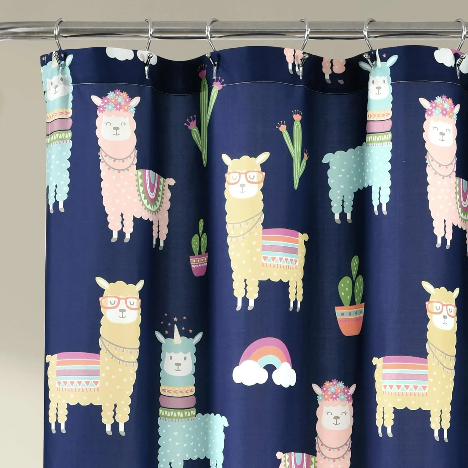 Lush Decor Southwest Llama Cactus Shower Curtain, Navy & Yellow - Cute Colorful Boho Kids Bathroom