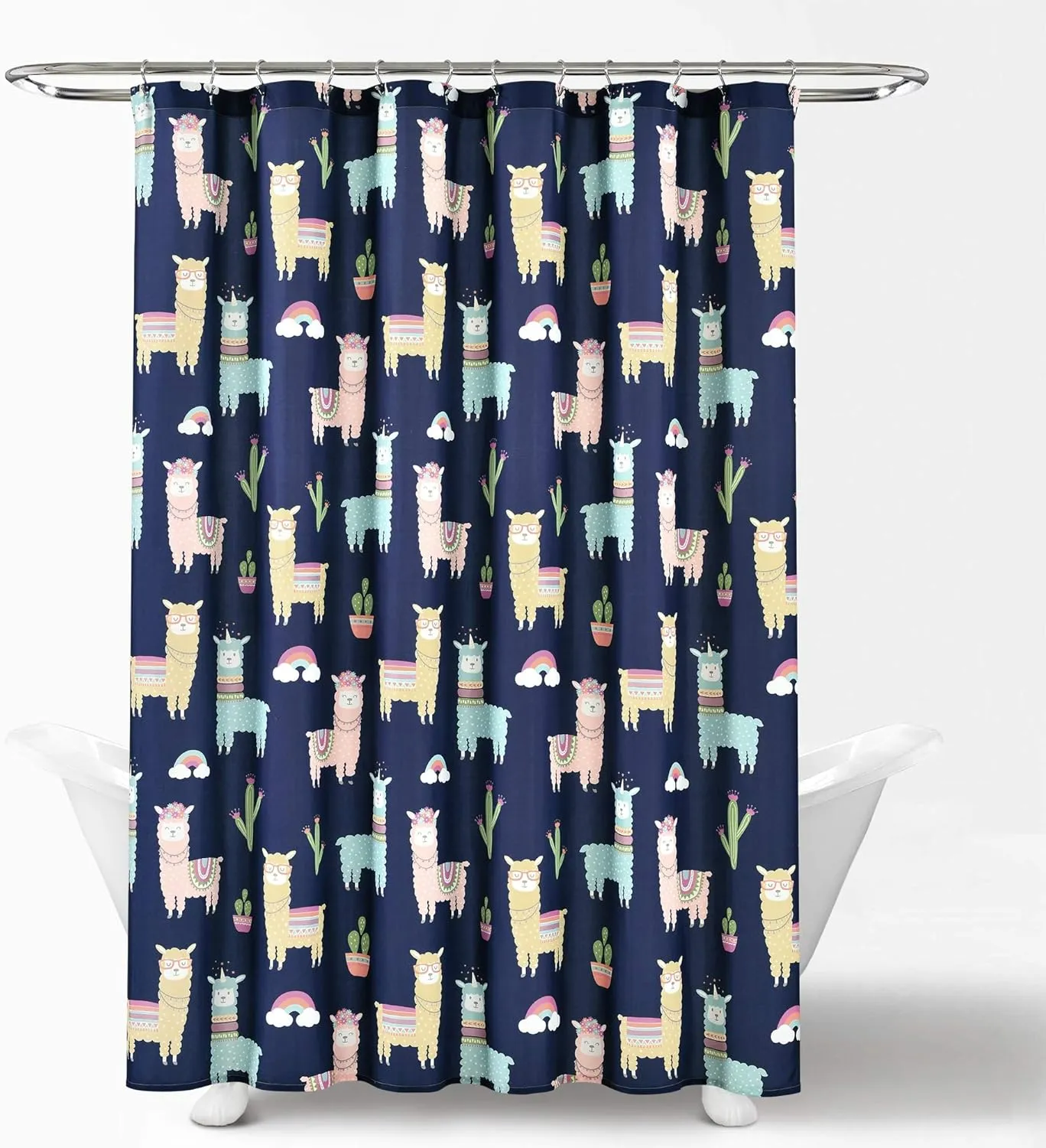 Lush Decor Southwest Llama Cactus Shower Curtain, Navy & Yellow - Cute Colorful Boho Kids Bathroom