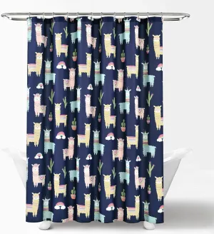 Lush Decor Southwest Llama Cactus Shower Curtain, Navy & Yellow - Cute Colorful Boho Kids Bathroom