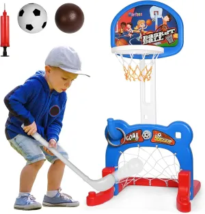 Madzee 4-in-1 Kids Basketball Hoop, Sports Activity Center, Basketball, Soccer, Hockey, Ring Toss Game Playset, Ideal Indoor and Outdoor Sports Activity Center for Boys Girls Toddlers