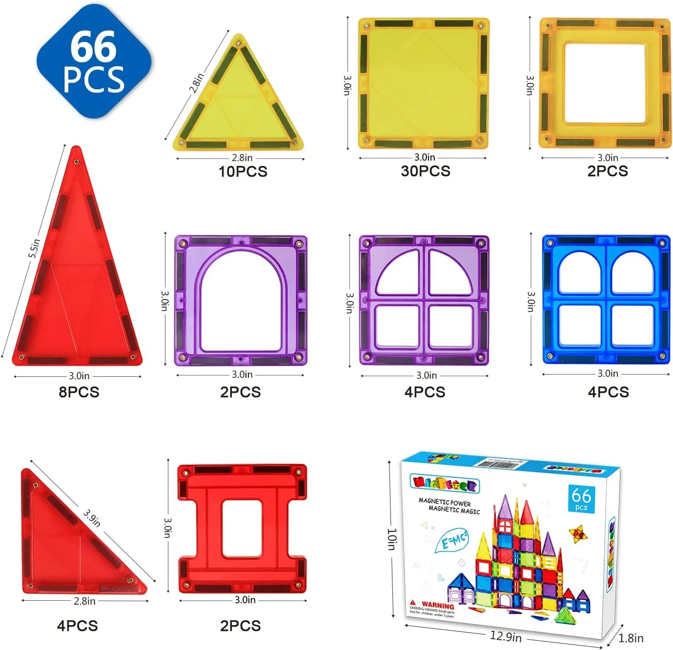 MAGBLOCK Magnetic Tiles for Kids, 66PCS Magnet Tiles Building Blocks Construction Toys Incorporating Magnets for Toddlers, Magnetic Blocks Learning Toys Gift for 3  Year Old Boys and Girls