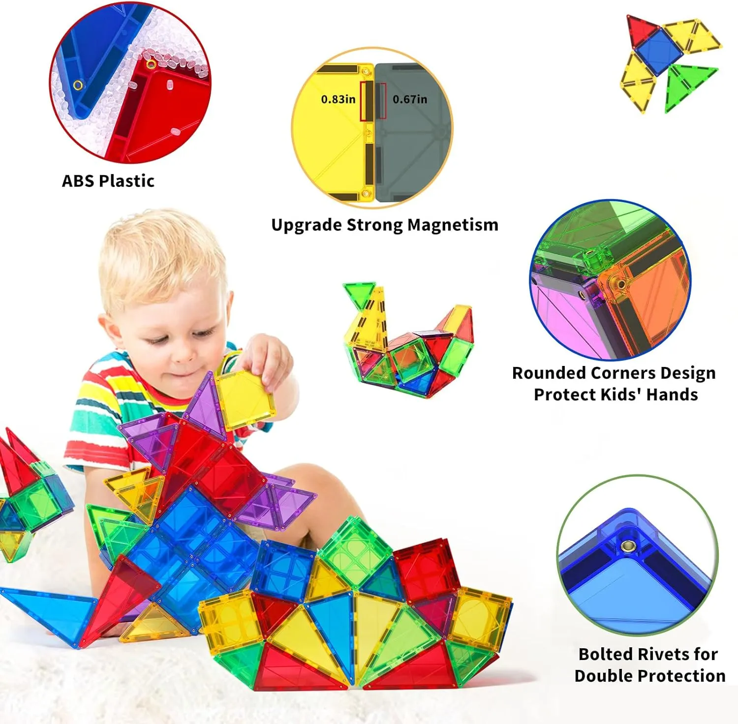 MAGBLOCK Magnetic Tiles for Kids, 66PCS Magnet Tiles Building Blocks Construction Toys Incorporating Magnets for Toddlers, Magnetic Blocks Learning Toys Gift for 3  Year Old Boys and Girls