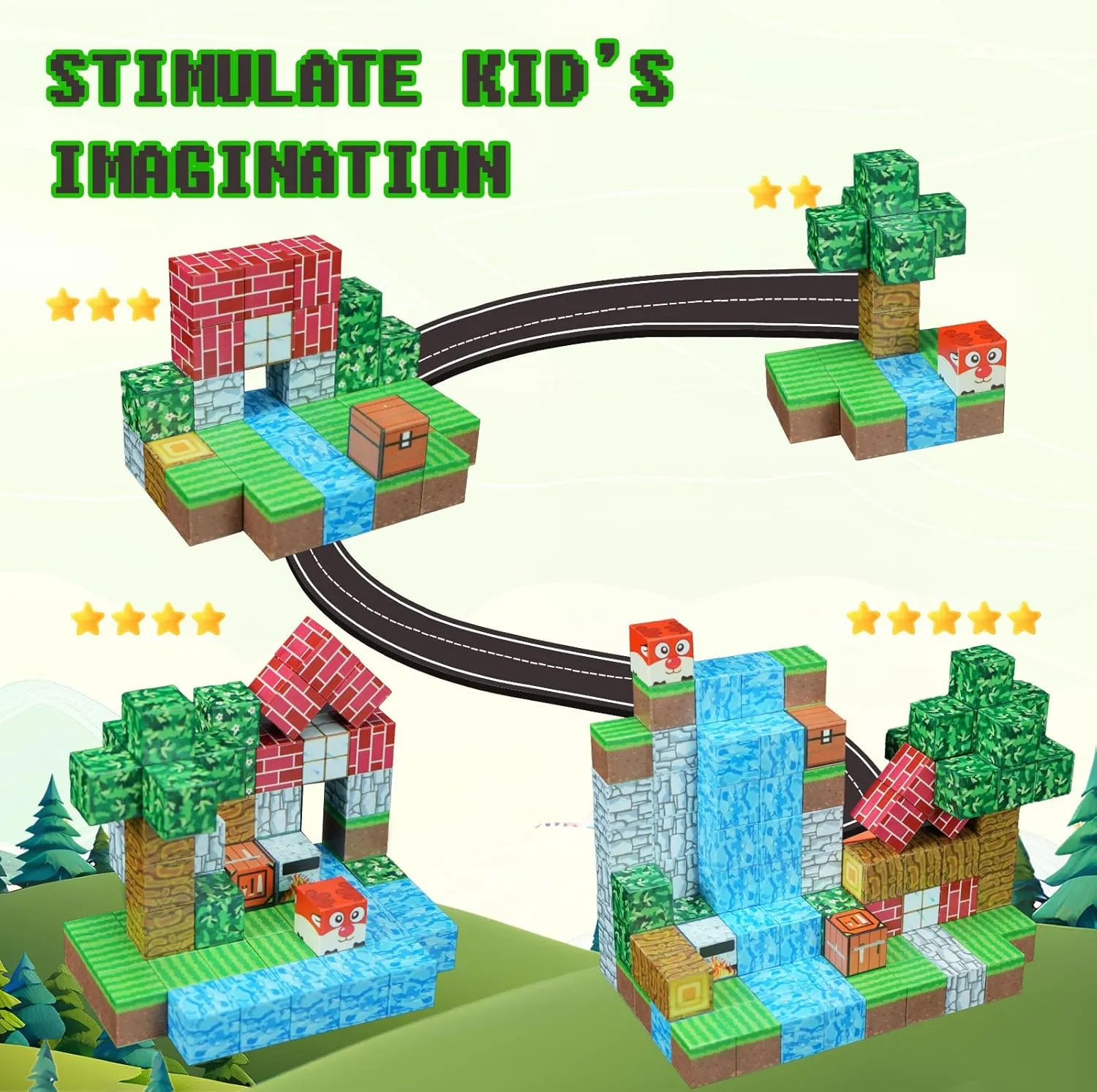 Magnetic Blocks - Magnet Building Cube Game, Jungle Expedition Building Blocks Set for Kids Ages 3 , STEM Montessori Stacking Toy, Sensory Tiles Building Gift for Toddlers