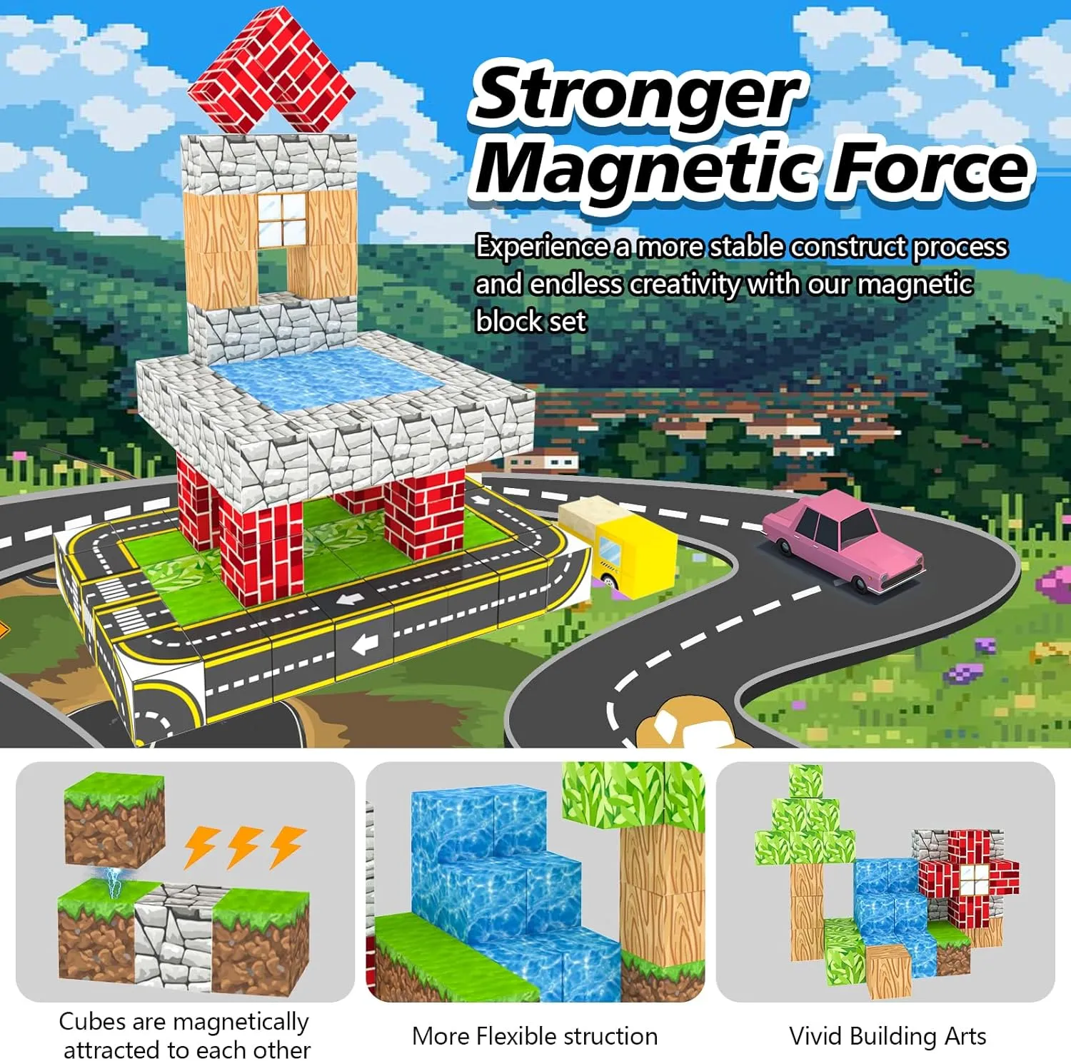 Magnetic Building Blocks for Kids Ages 4-8,Magnet STEM Sensory Toys-Tiles Road Track, Mine World Build Set, Christmas Birthday Gifts Toy