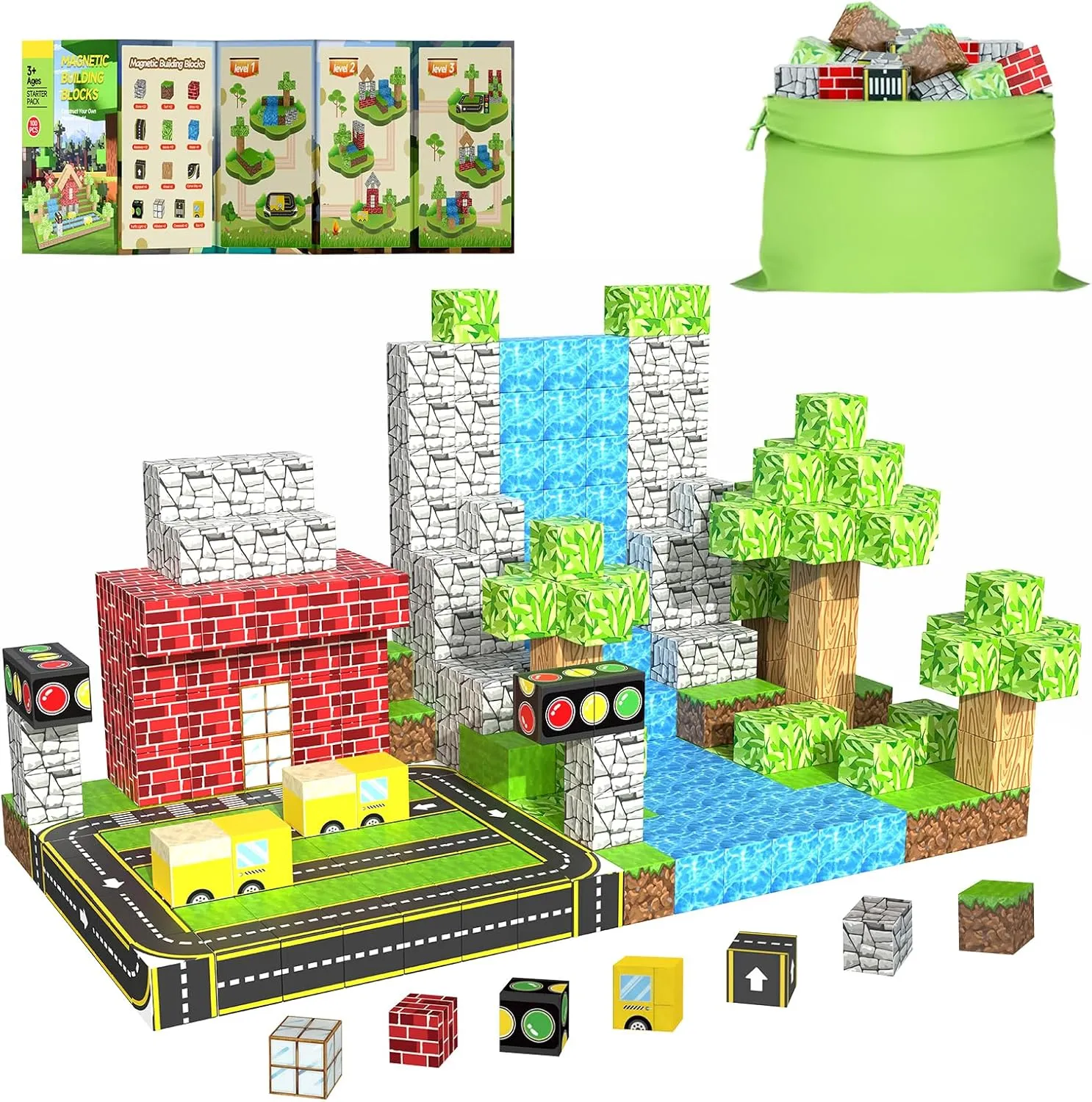 Magnetic Building Blocks for Kids Ages 4-8,Magnet STEM Sensory Toys-Tiles Road Track, Mine World Build Set, Christmas Birthday Gifts Toy